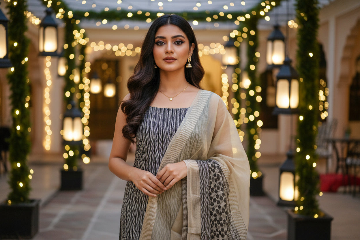 Pure Organza Black and off white Suit Material with Off-White digital Dupatta