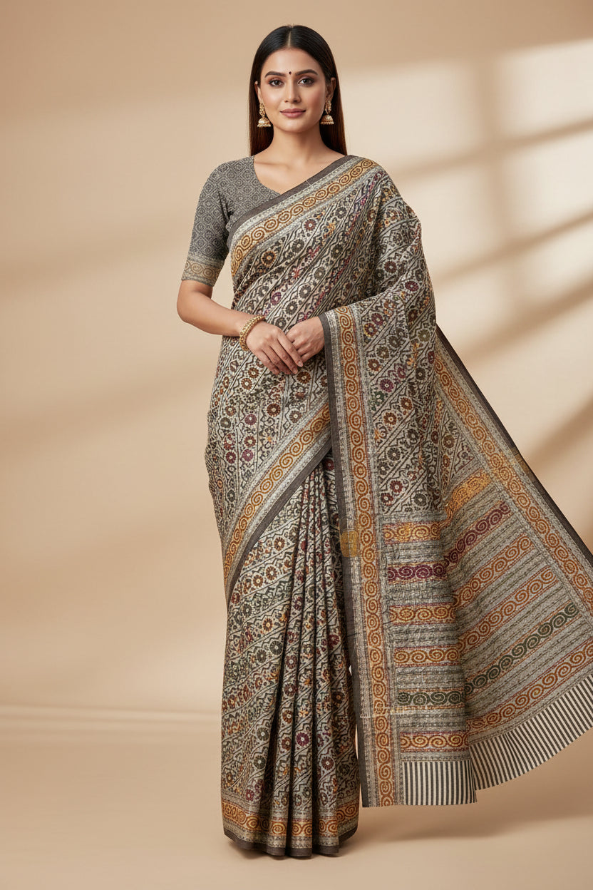 Coffee Brown Mercerized Cotton Saree with Multicolour Thread Weaving | Chandrika Lifestyles