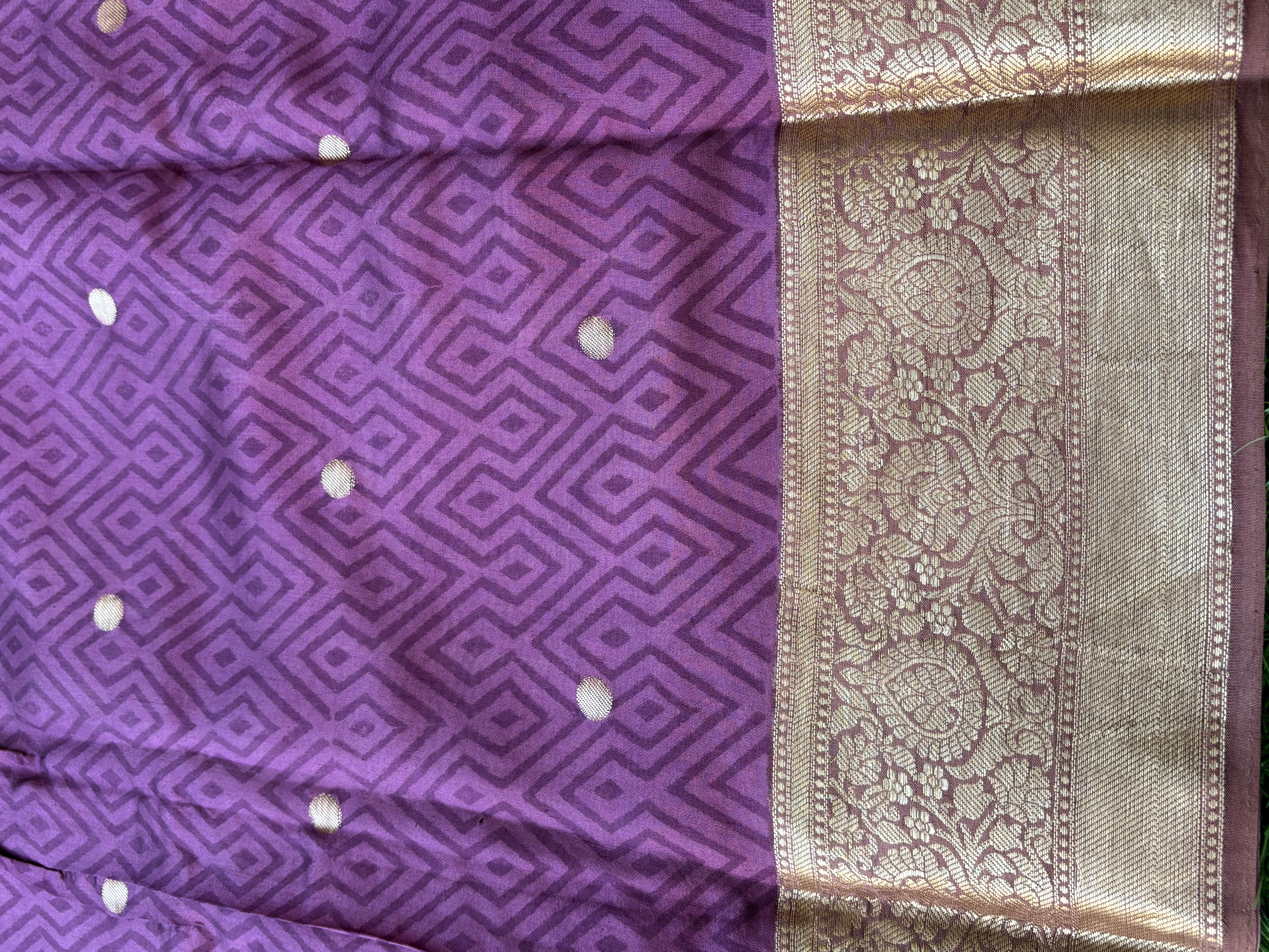 Purple Pink & Beige Pure Munga Silk Saree with Geometric Print and Zari Booties