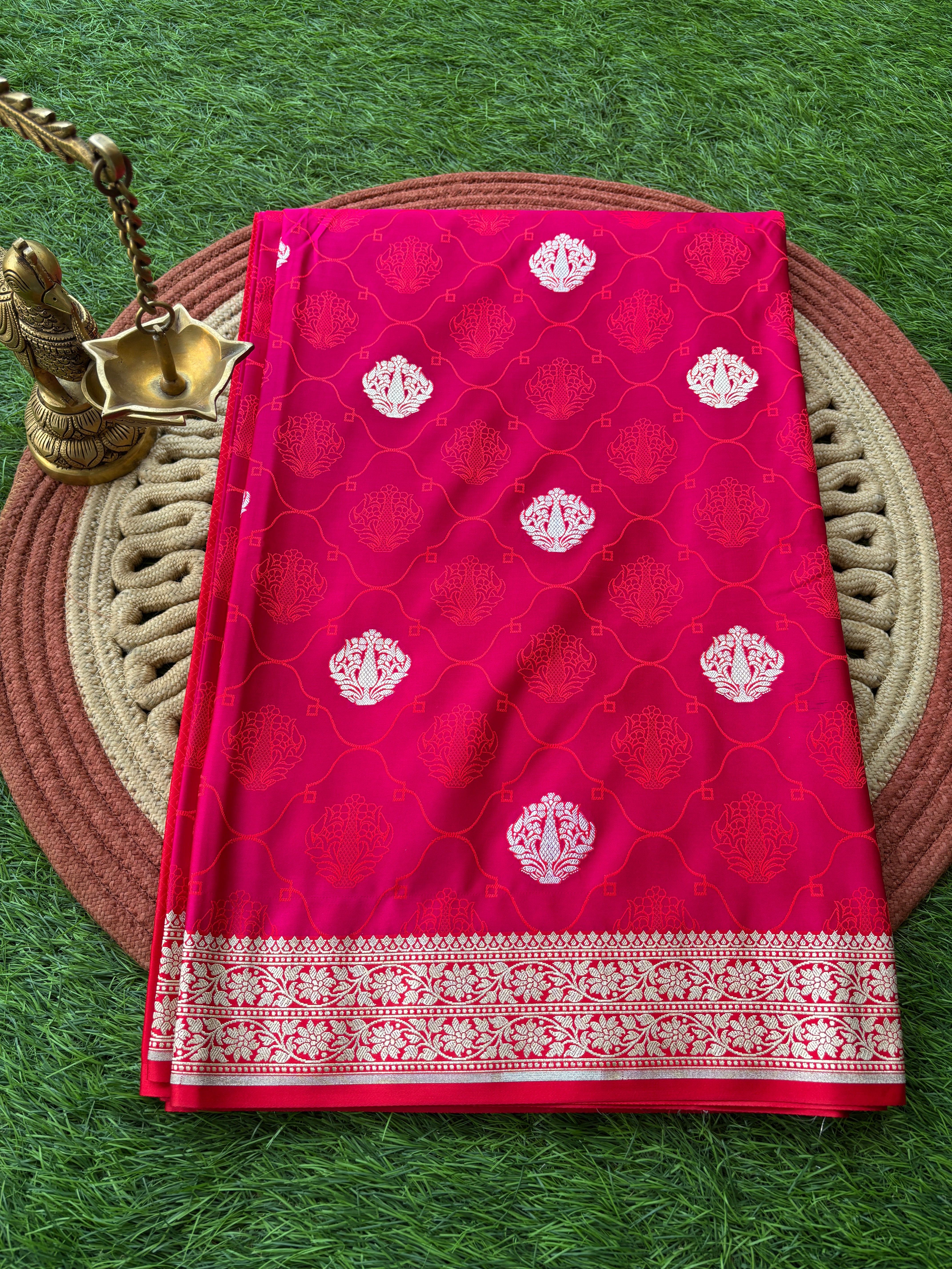 Rani Pink Banarasi Saree with Allover Zari Buttis (Two-Tone) | Chandrika Lifestyles