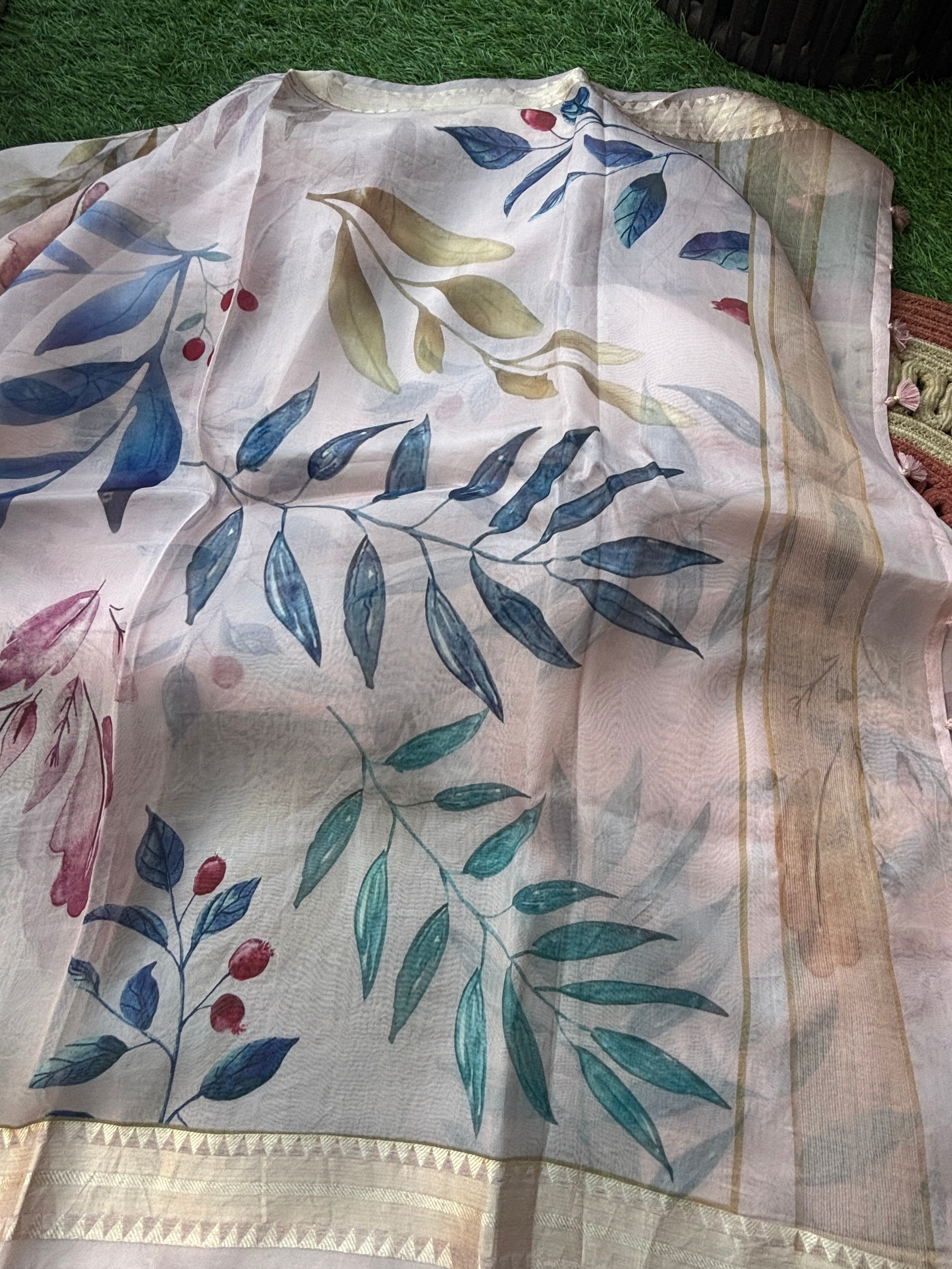 Baby Pink Pure Organza Digital Printed Saree with Readymade Blouse
