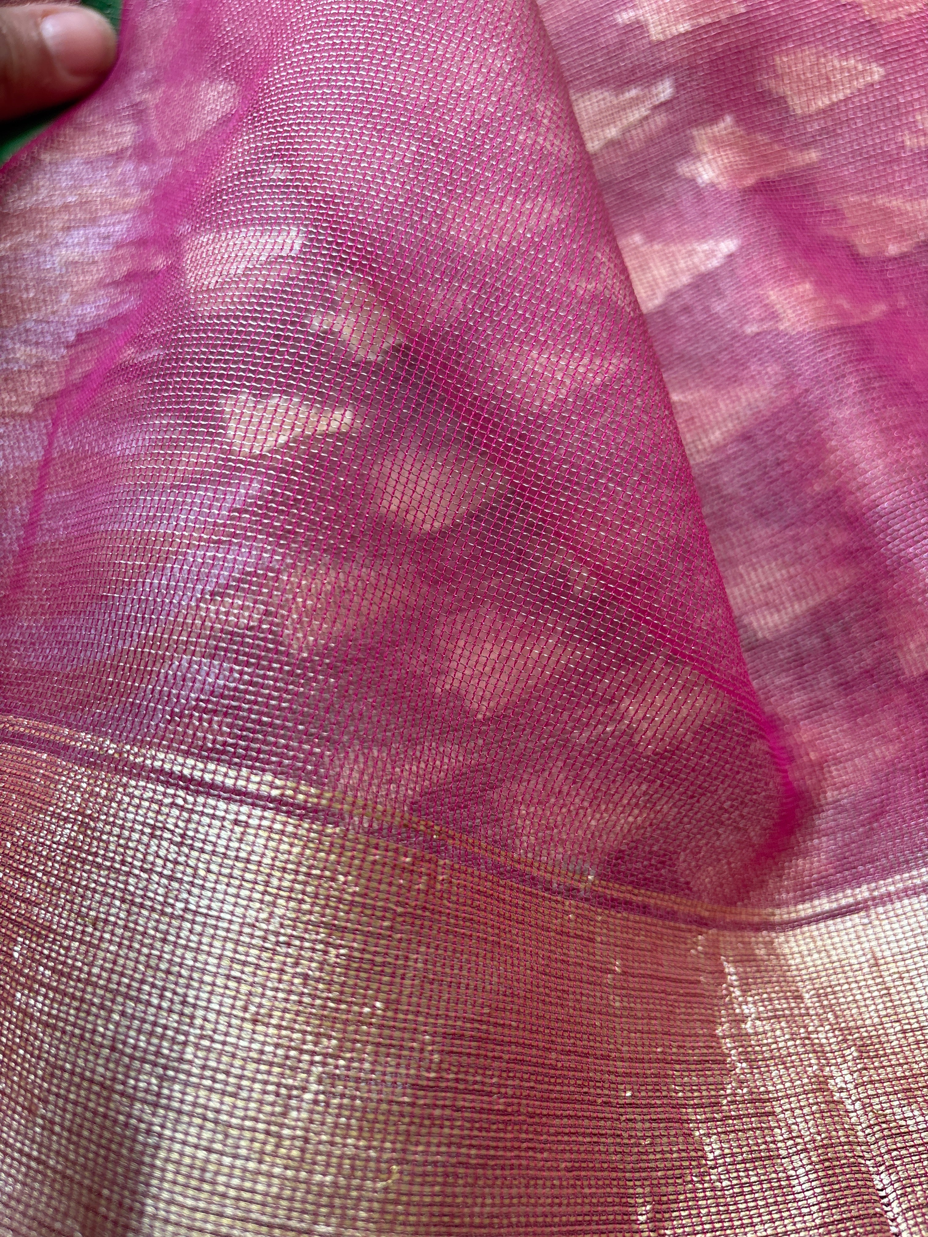 Onion pink blouse piece in net tissue kora with zari border