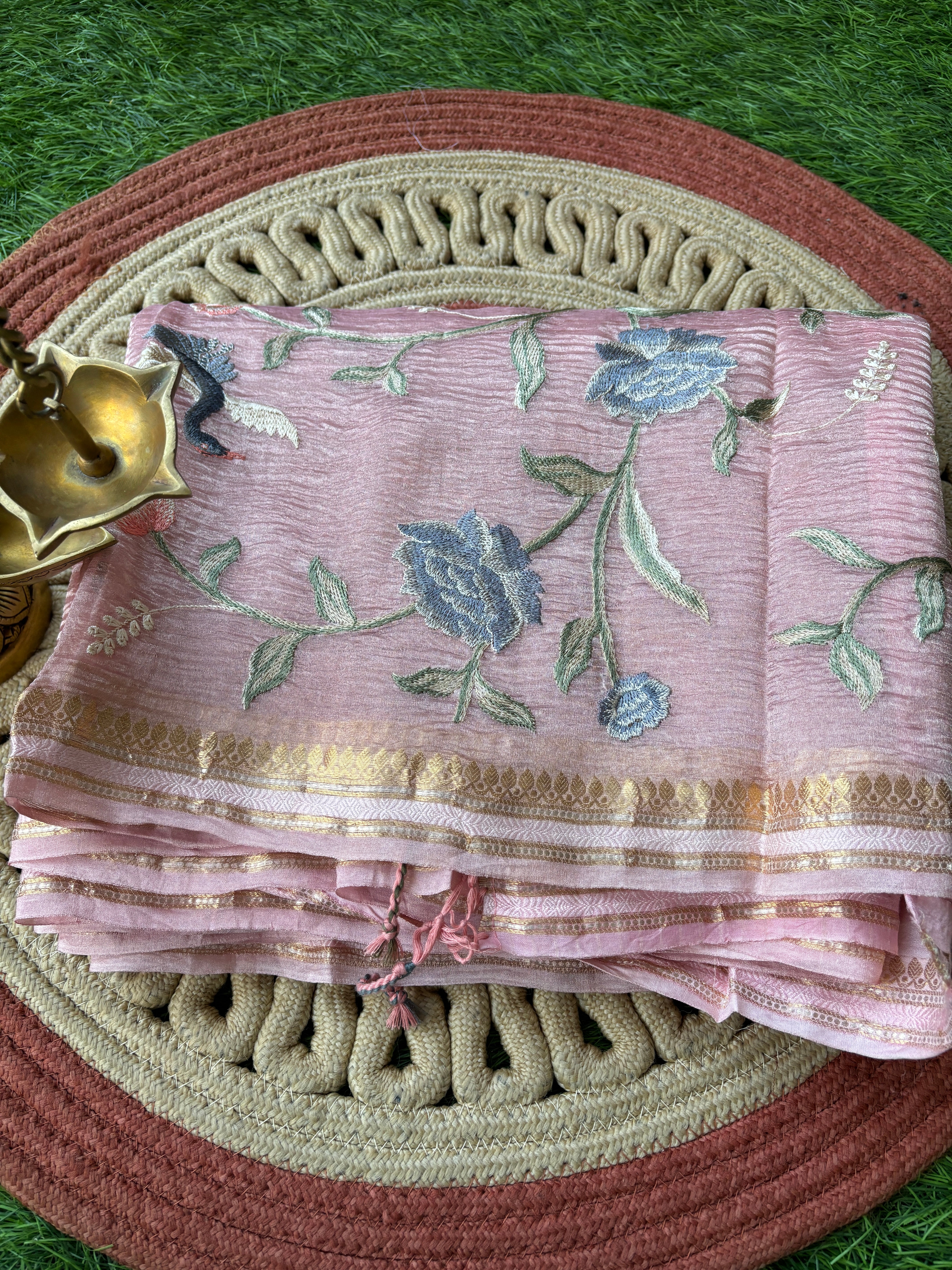 Baby Pink Pure Crush Tissue Kora Organza Designer Saree with Thread Embroidery
