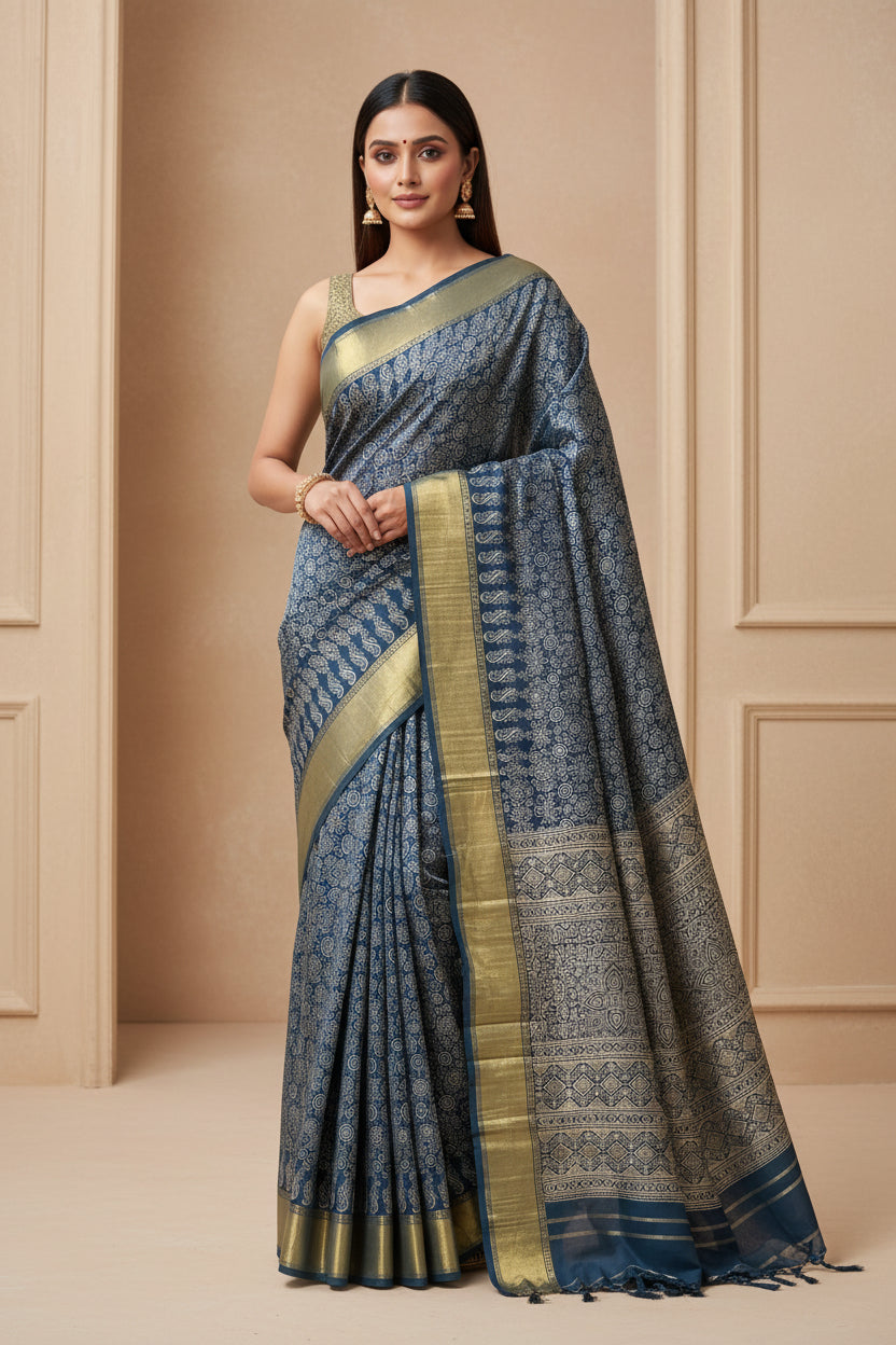 Model wearing navy blue modal silk gharchola saree with golden flowers and zari pallu for festive look