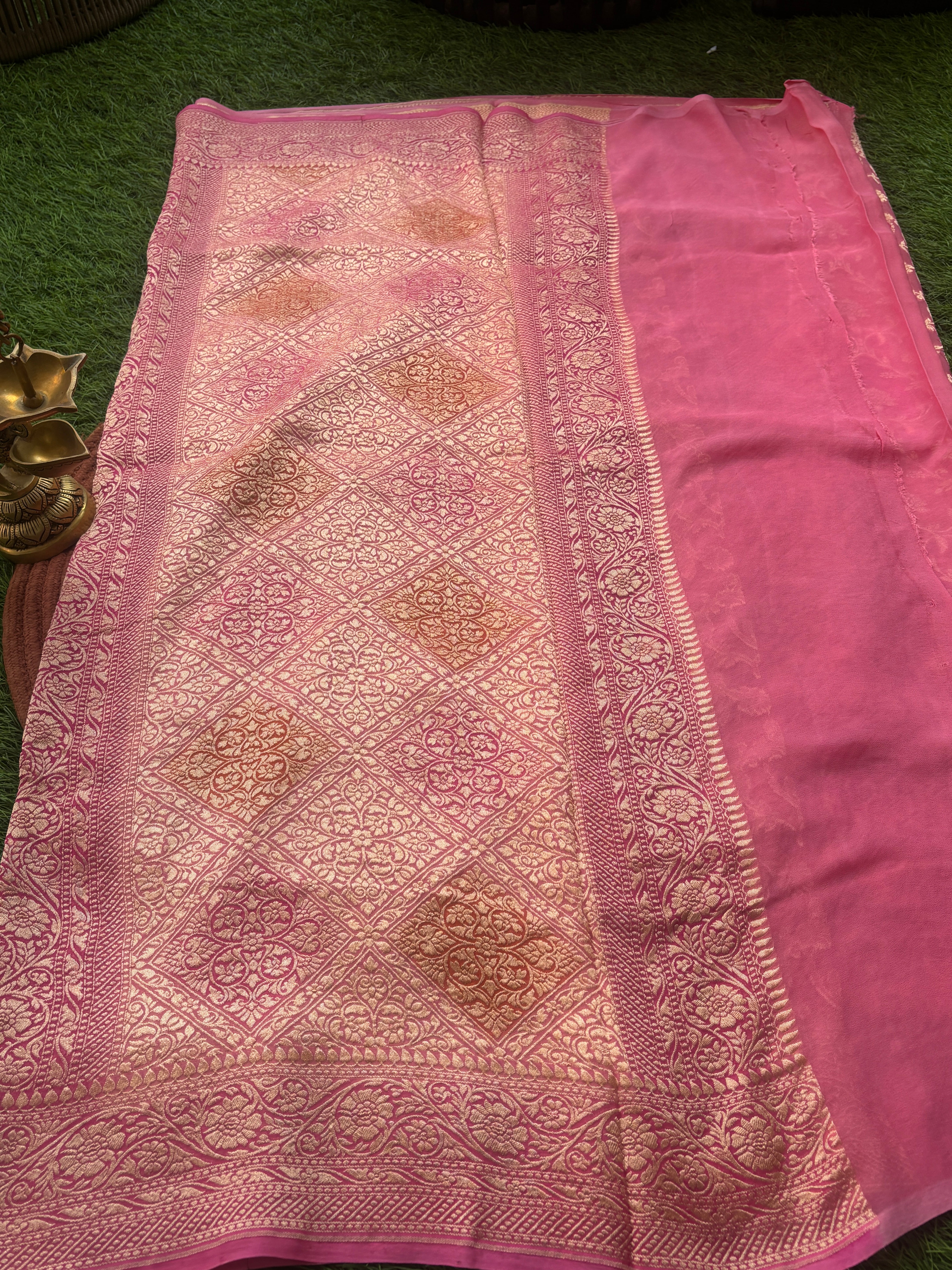 Pink, Orange & Peach Multicolour Khaddi Georgette Banarasi Saree with Allover Jaal | Chandrika Lifestyles