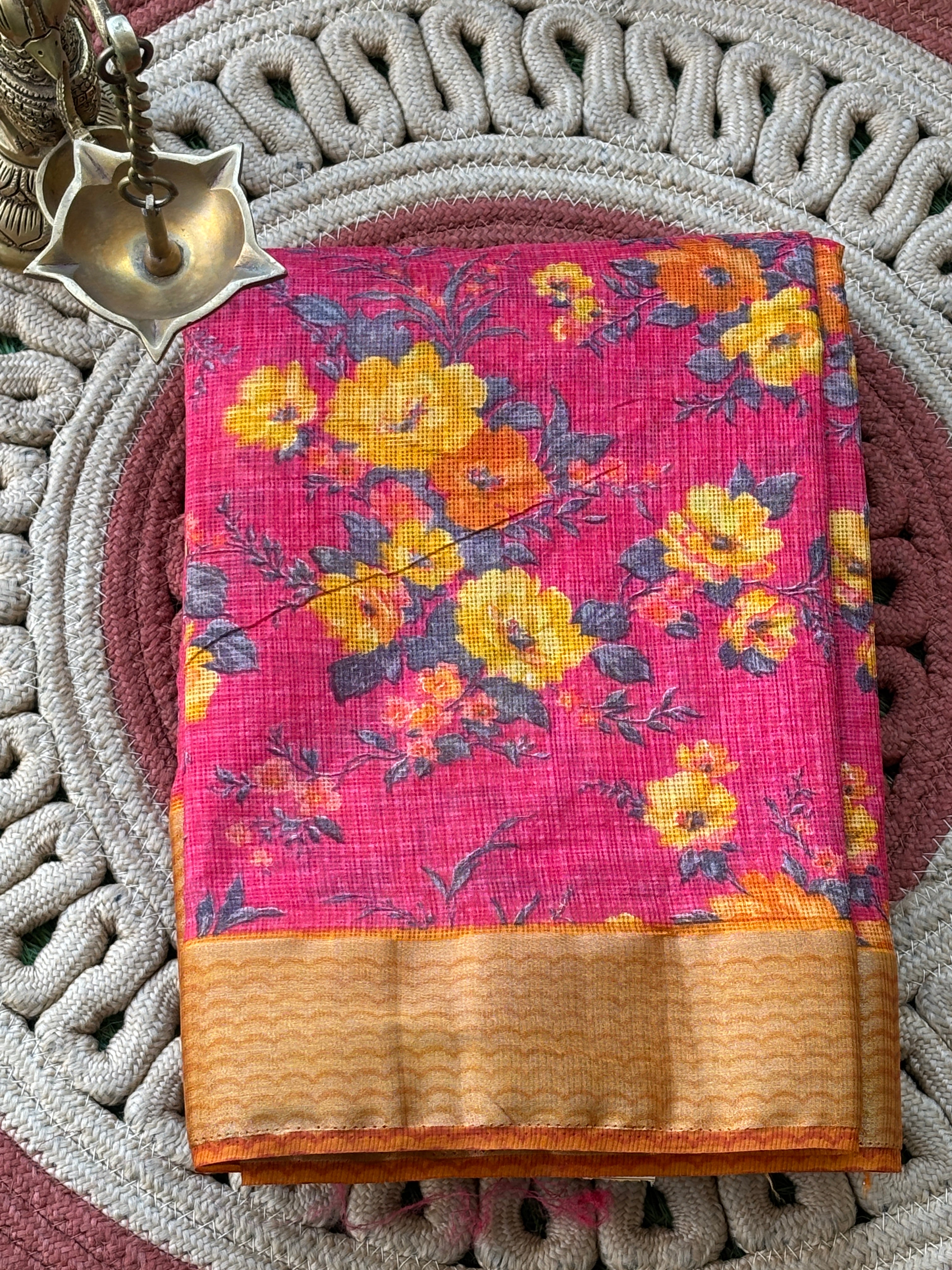Red Floral Printed Kota Silk Saree with Yellow Border | Chandrika Lifestyles