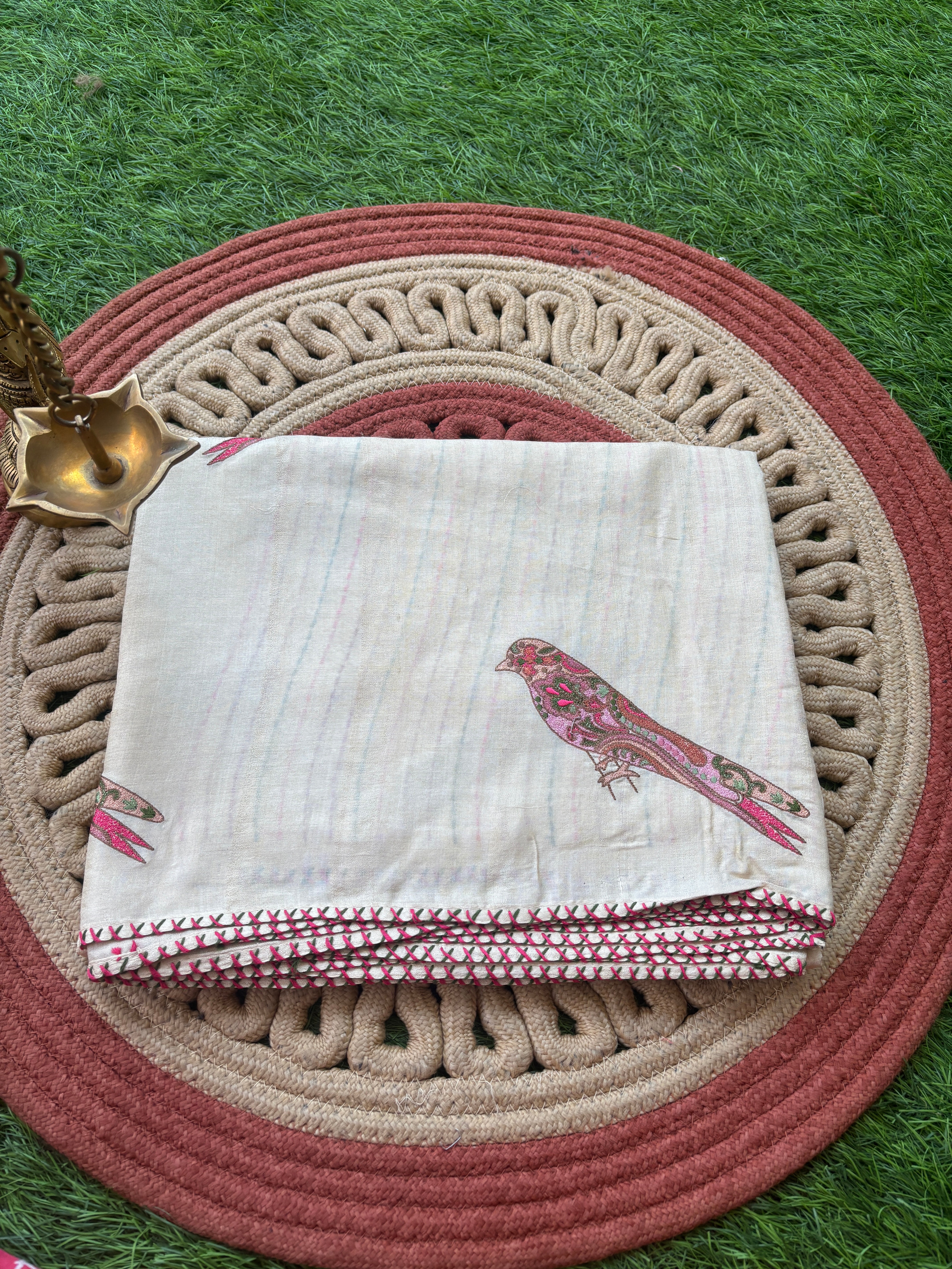 Pure Desi Tussar Silk Off-White Saree with multicoloured Bird embroidered motifs and Thread Embroidered Border