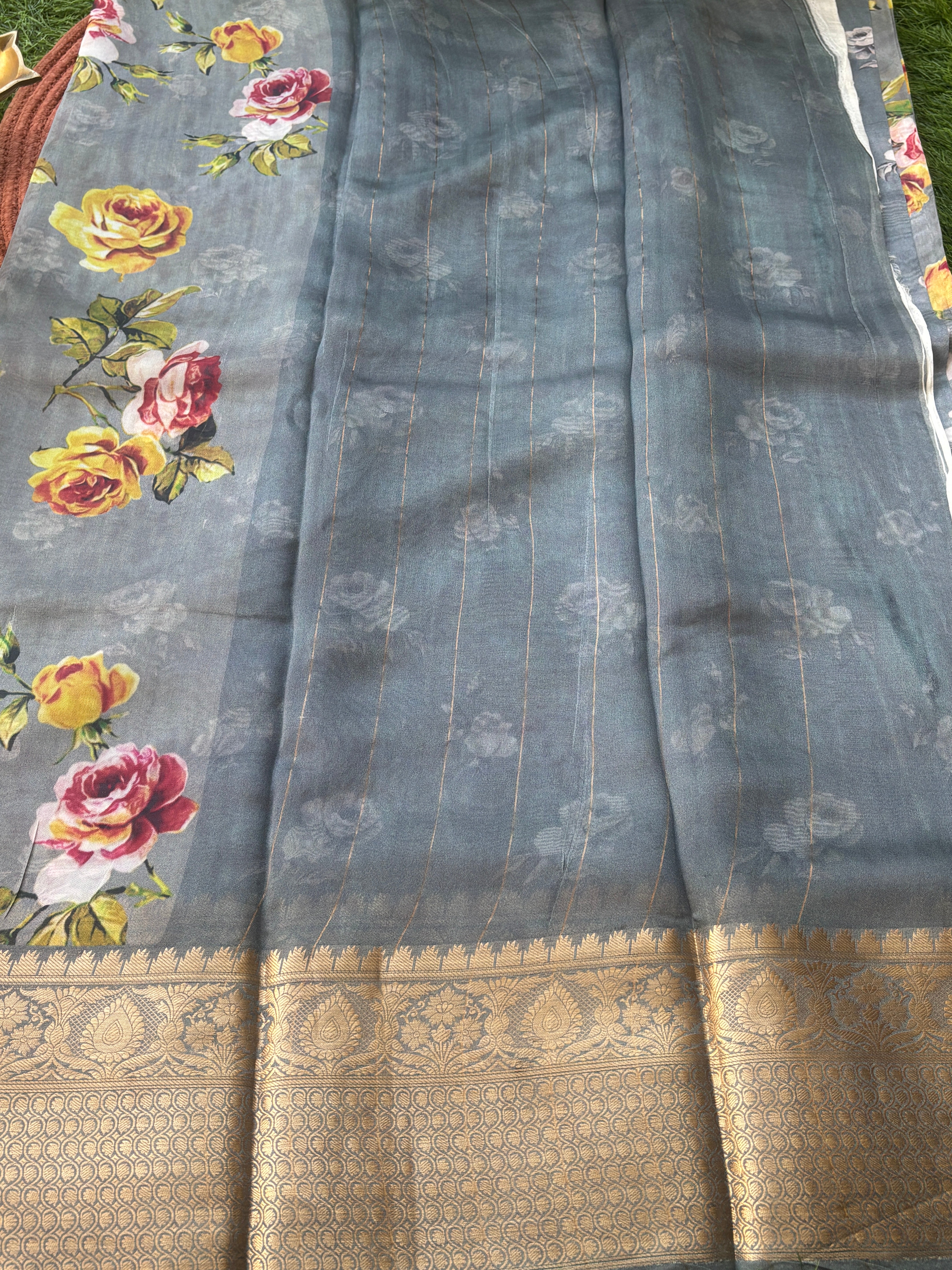 Pure Georgette Banarasi Saree with Broad Zari Border & Grey Floral Digital Print