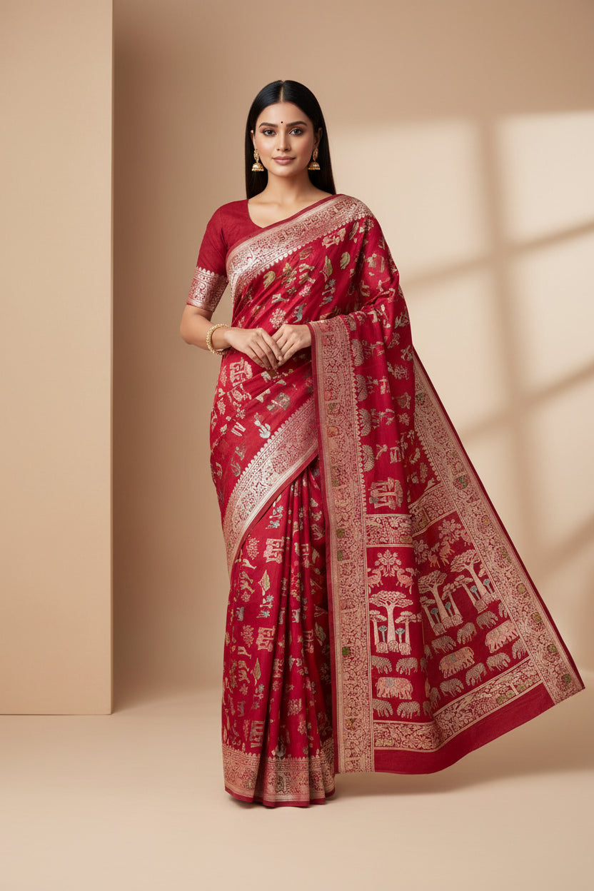  women wearing a Banarasi saree in blood red colour .