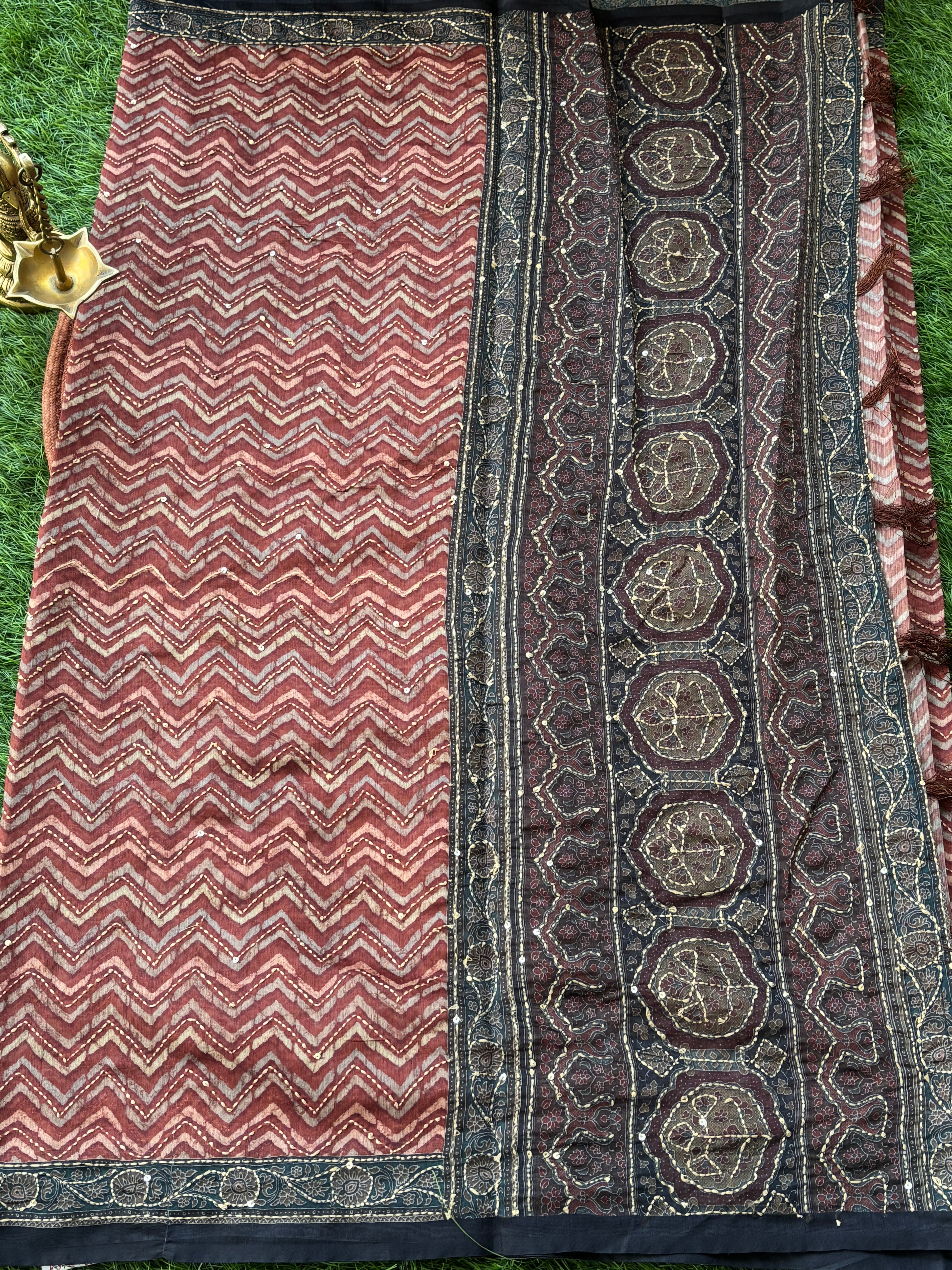 Dark Brown Mercerized Cotton Saree with Navy Blue Border | Chandrika Lifestyles