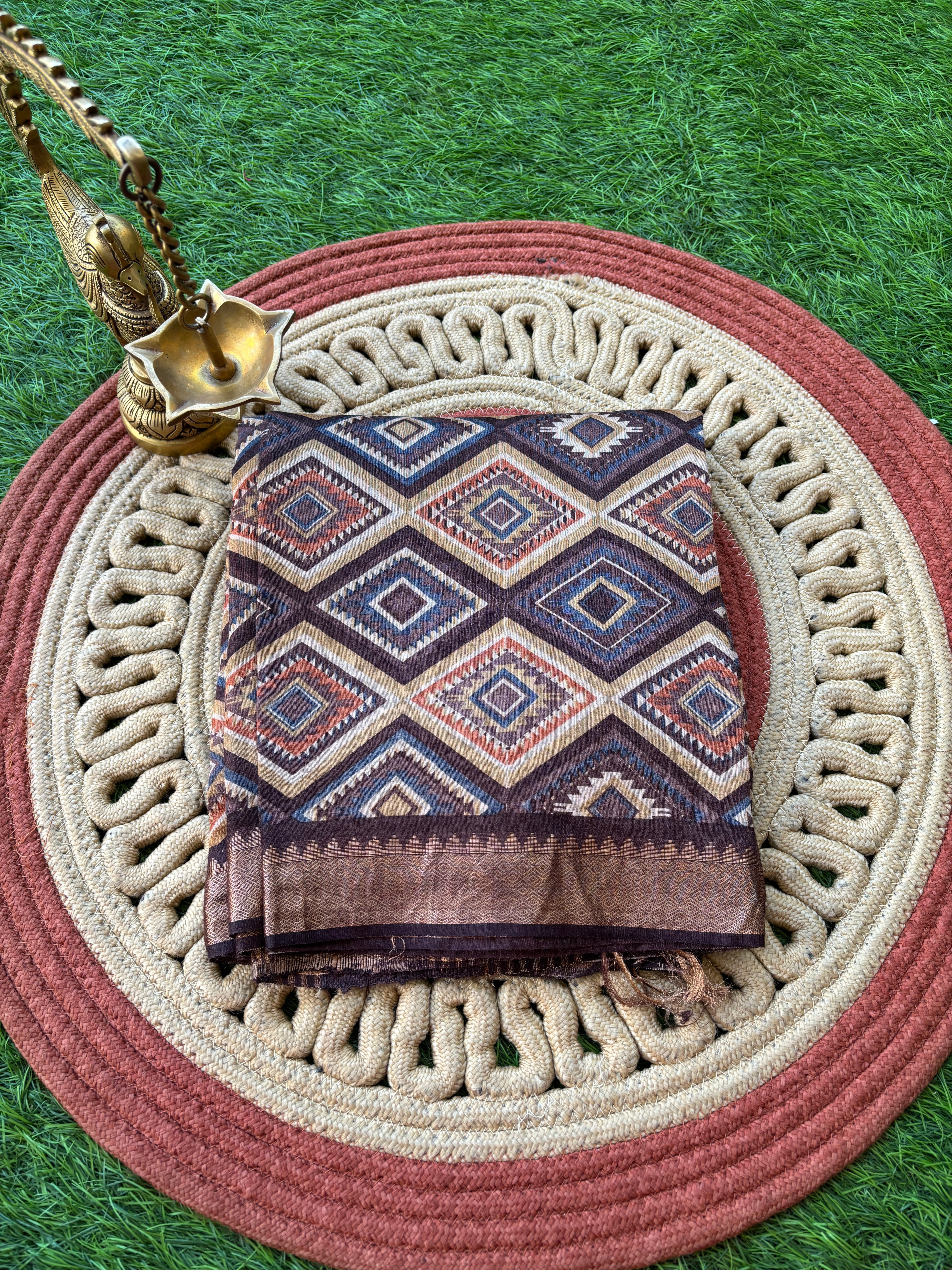 Brown Pure Tussar Silk Saree with Allover Geometric Print | Chandrika Lifestyles