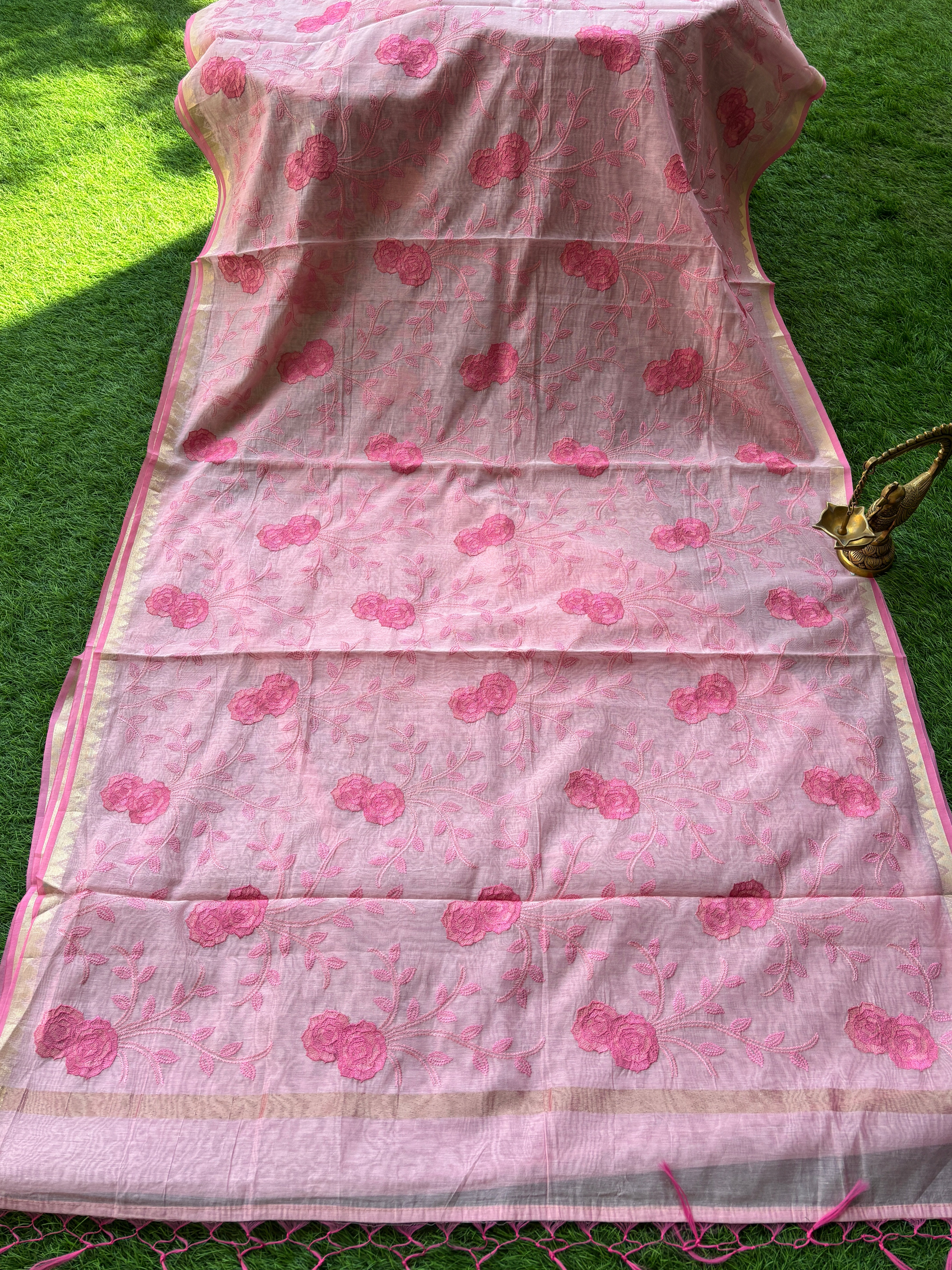 Baby Pink Banarasi Mercerized Cotton Saree with Allover Floral Embroidery | Chandrika Lifestyles