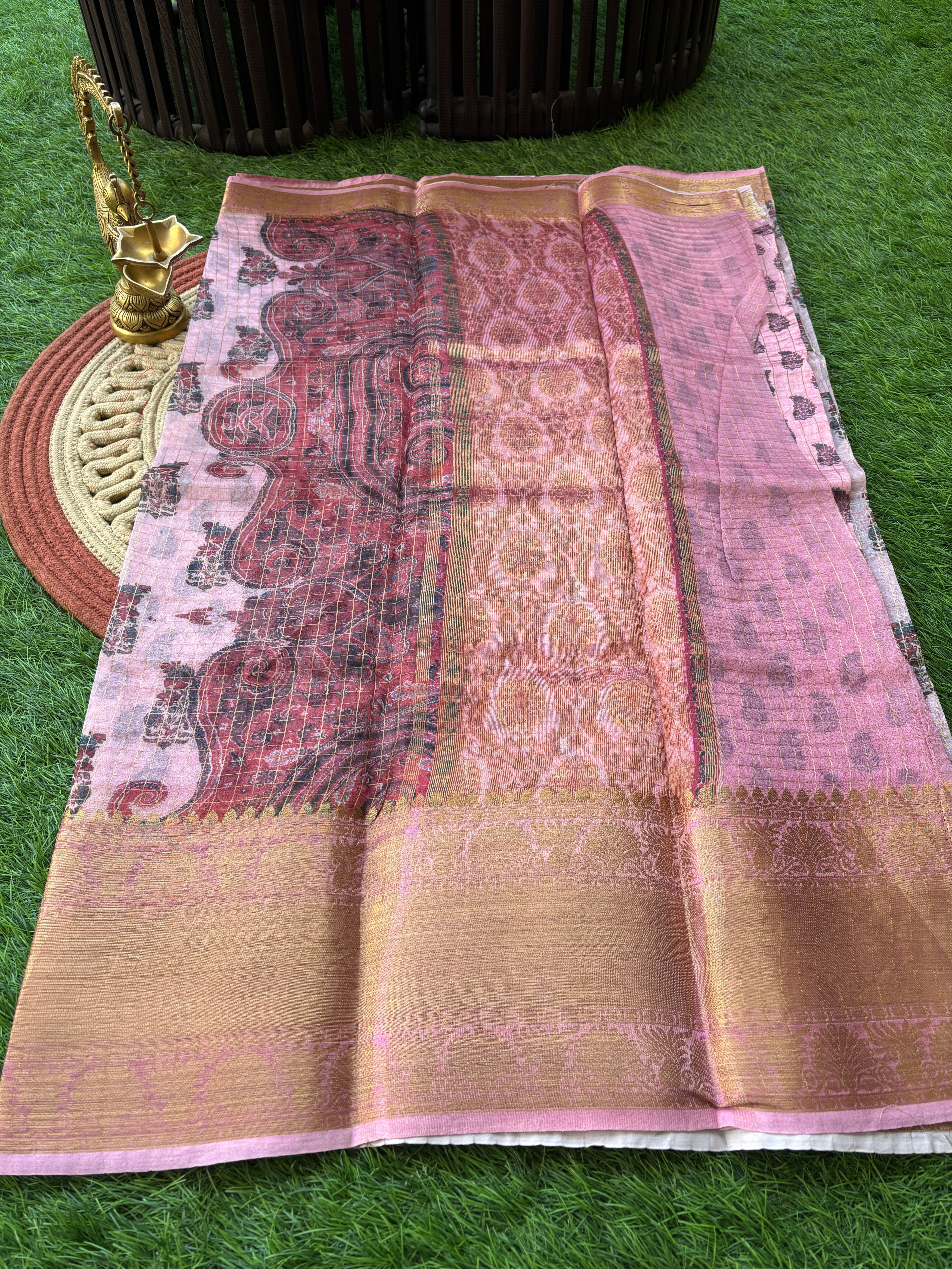 Baby Pink Pure Organza Saree with Zari Checks, Digital Print & Zari Border | Chandrika Lifestyles