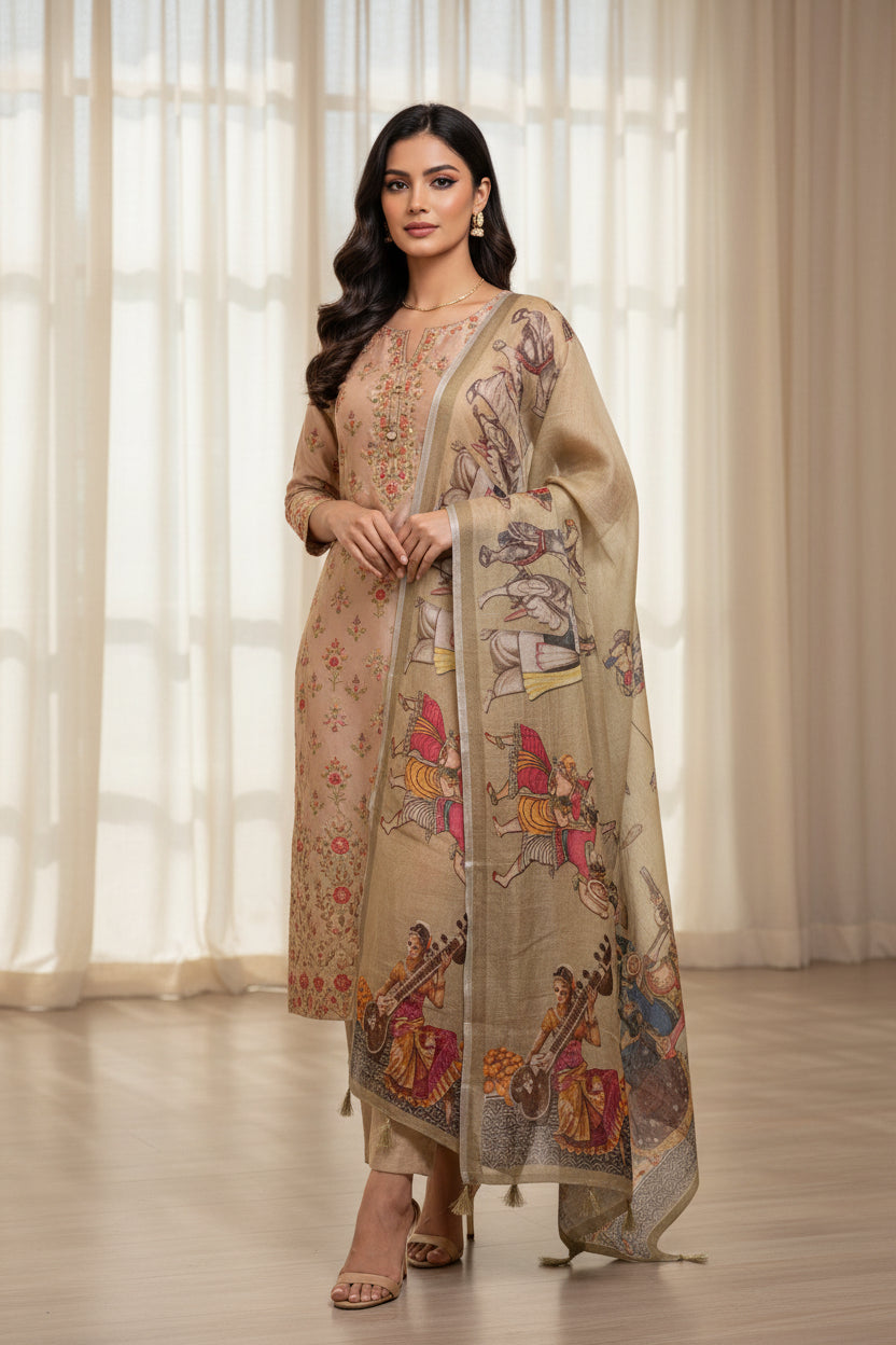 Pure Linen Thread Embroidered Suit Material with Figure Digital Printed Dupatta – Mehendi Green / Pista Green
