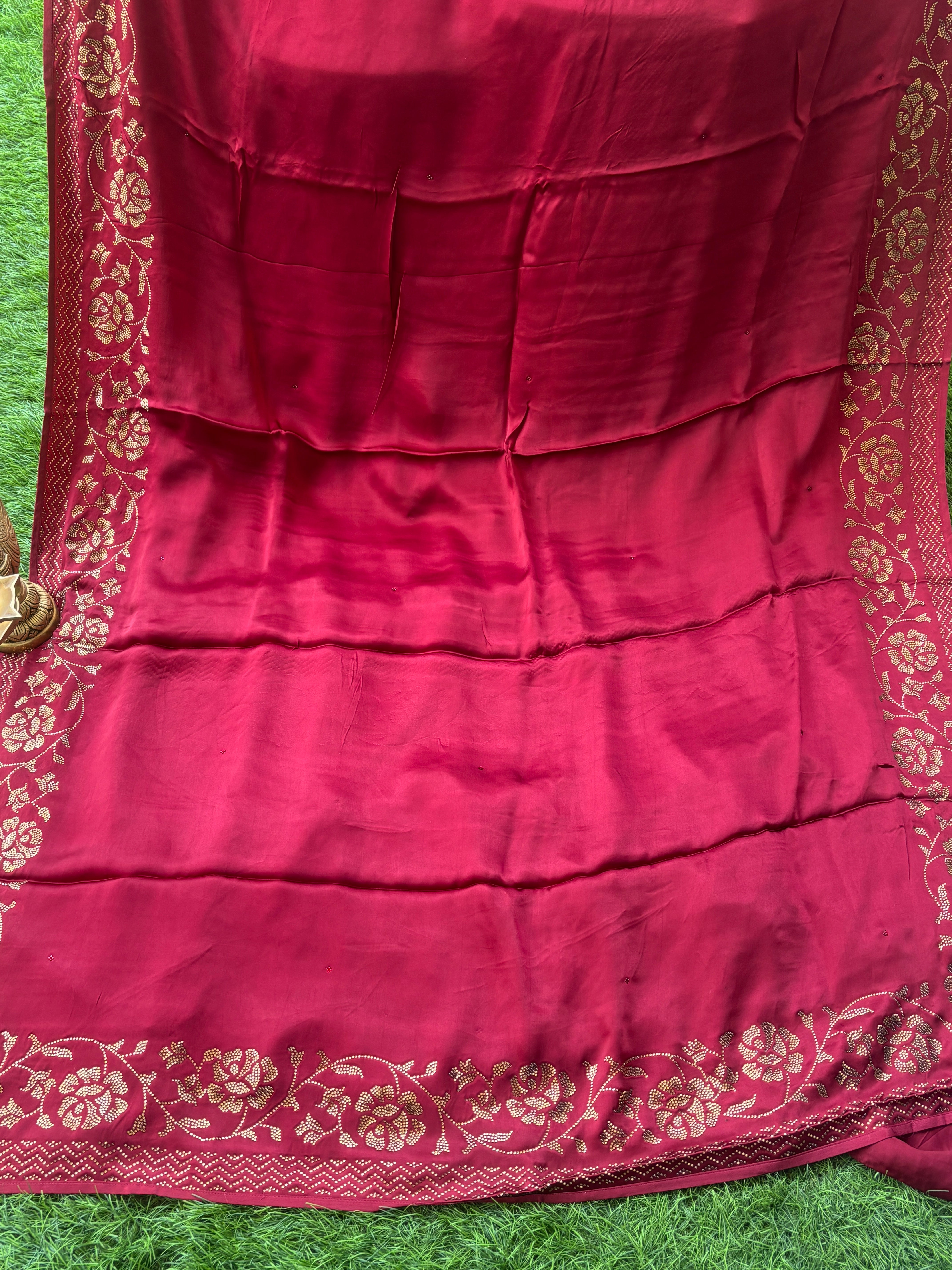 Dark Maroon Satin Silk Saree with Lotus Design | Elegant Festive Saree | Chandrika Lifestyles