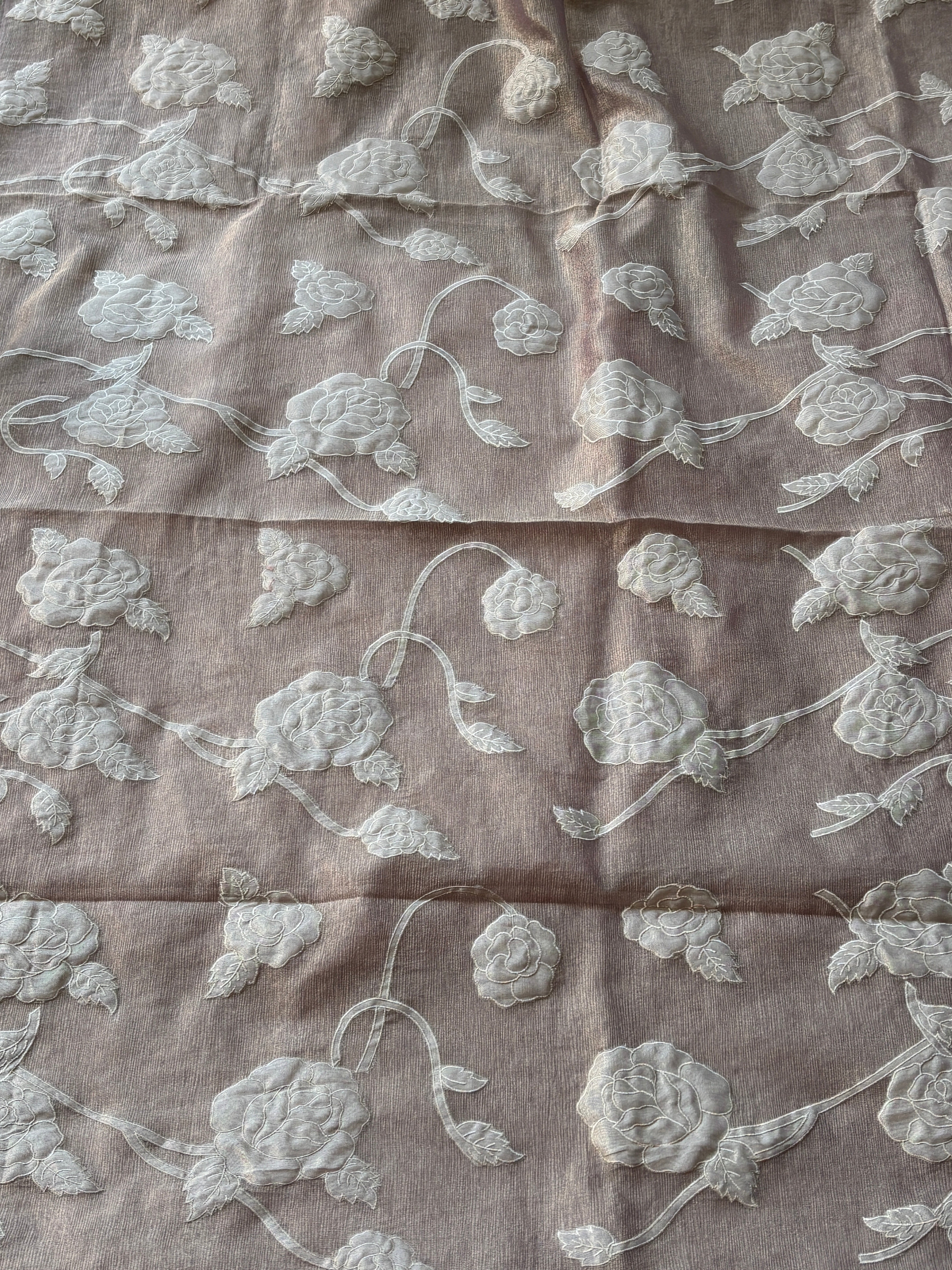 Metallic Onion Pink Tissue Saree with Allover Applique Work | Chandrika Lifestyles