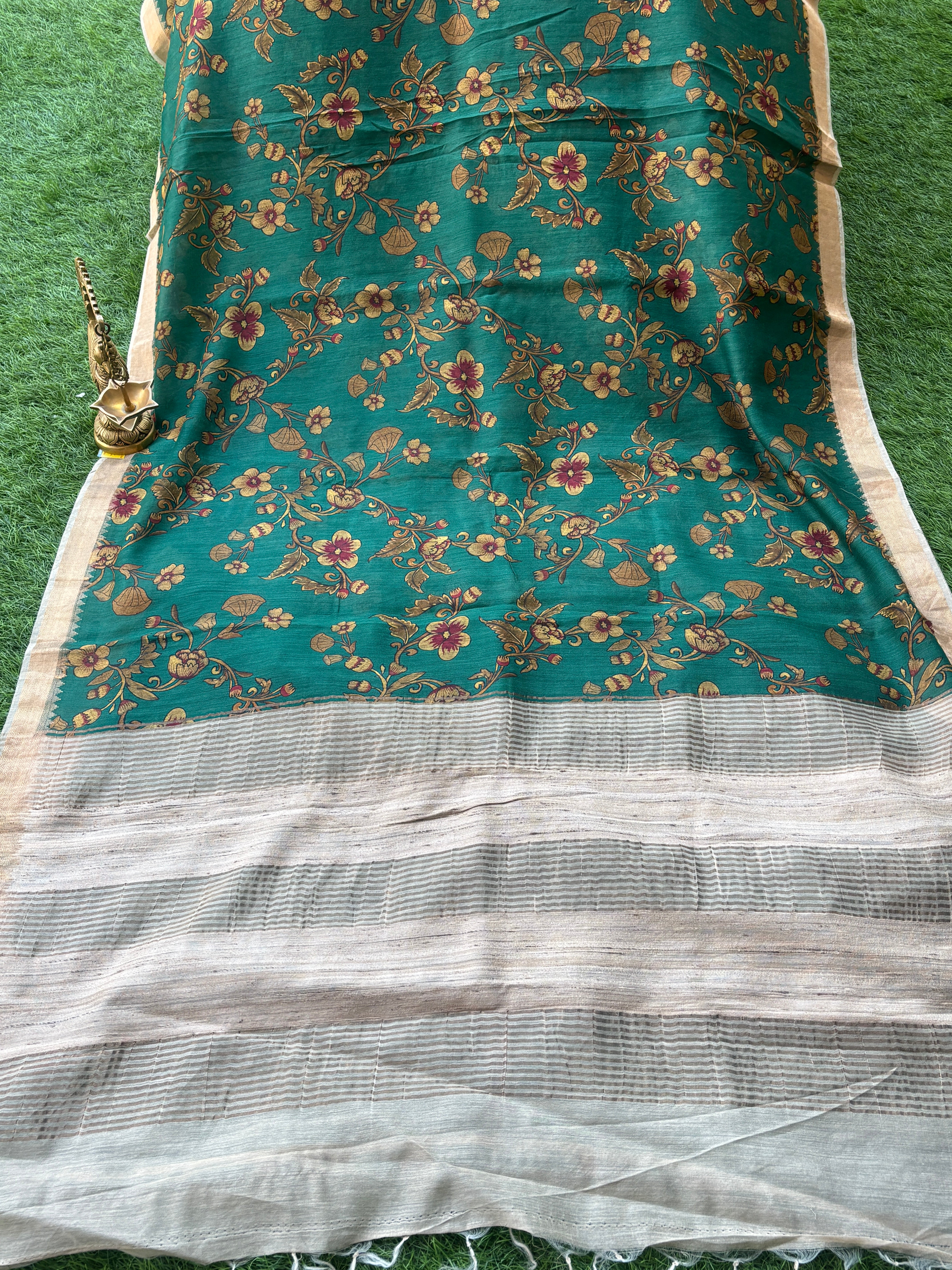 Teal Blue Munga Silk Saree with Allover Digital Print | Chandrika Lifestyles