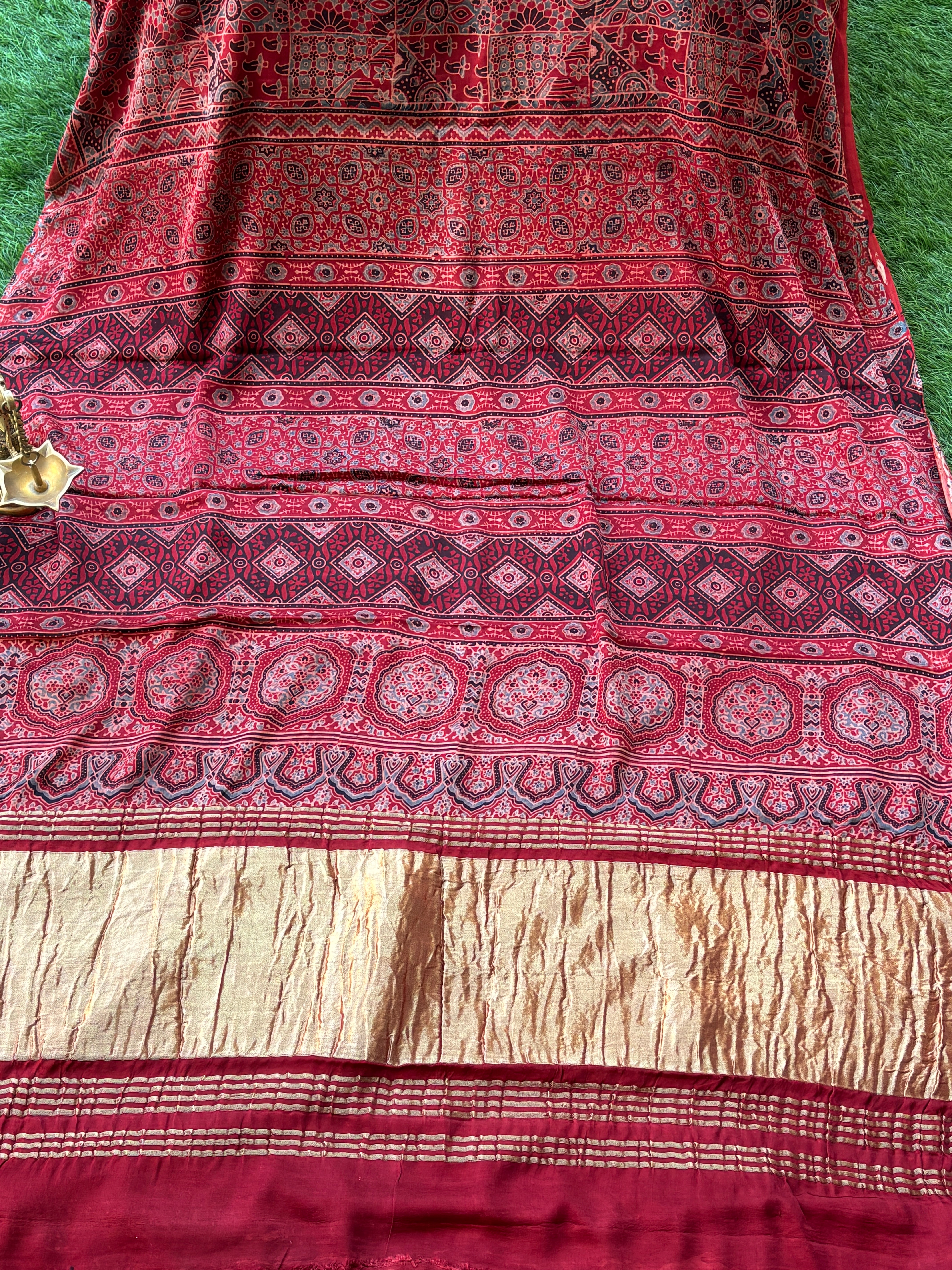 Red Pure Modal Silk Ajrak Digital Printed Saree with Zari Lugdi Patta Pallu