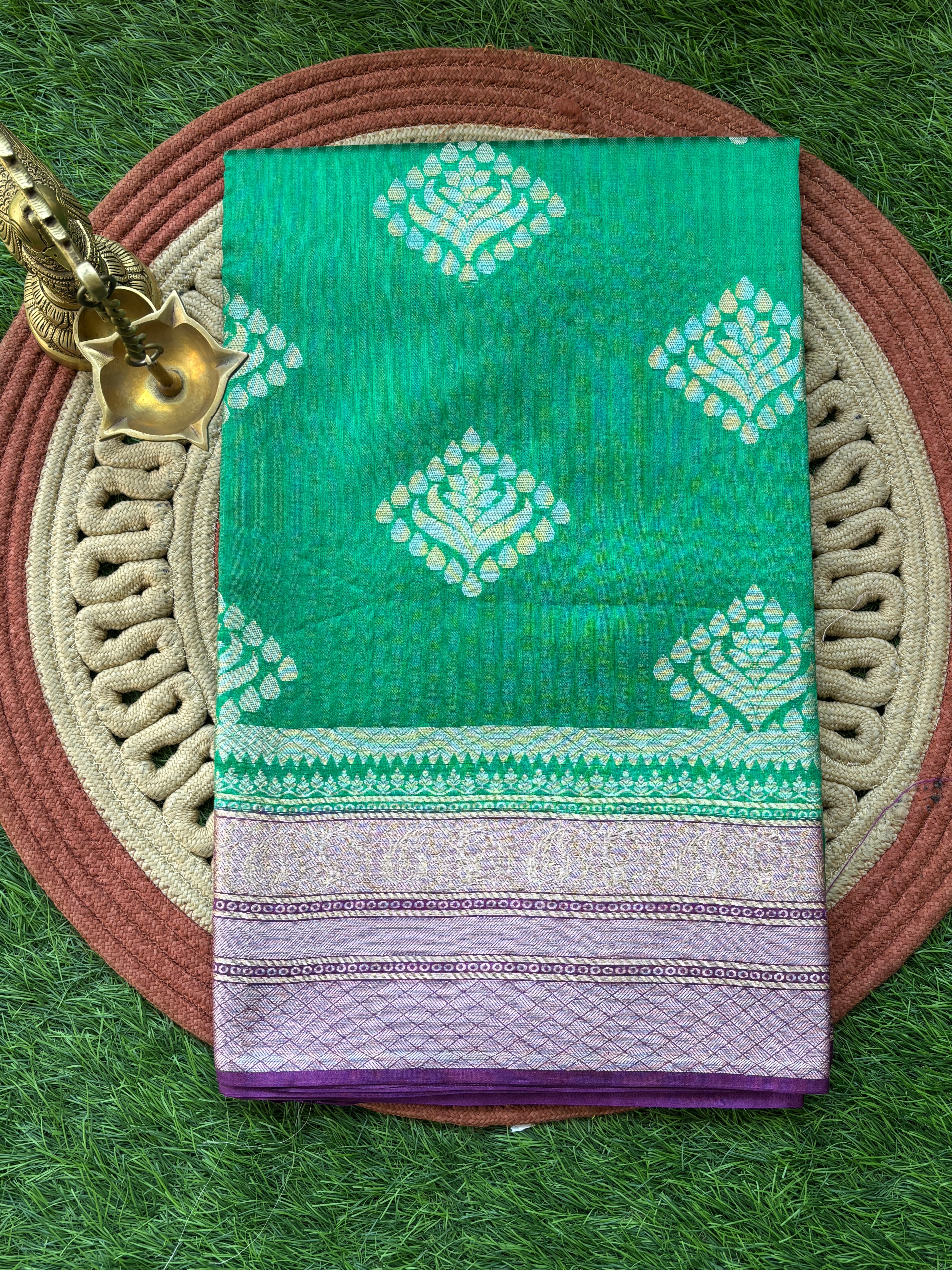 Green Pure Dupion Silk Banarasi Saree with Purple Border | Chandrika Lifestyles