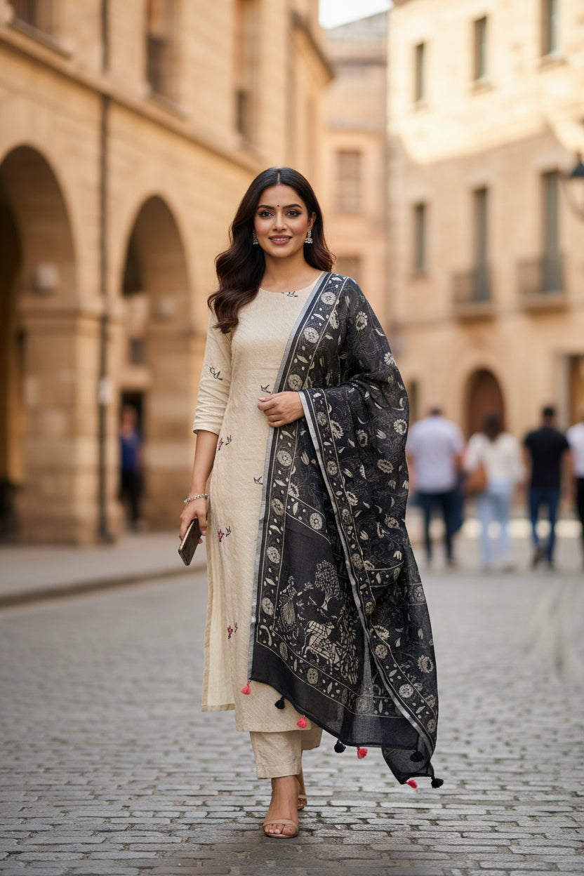 pure linen suit material, digital prined embroideried, floral contrast dupatta