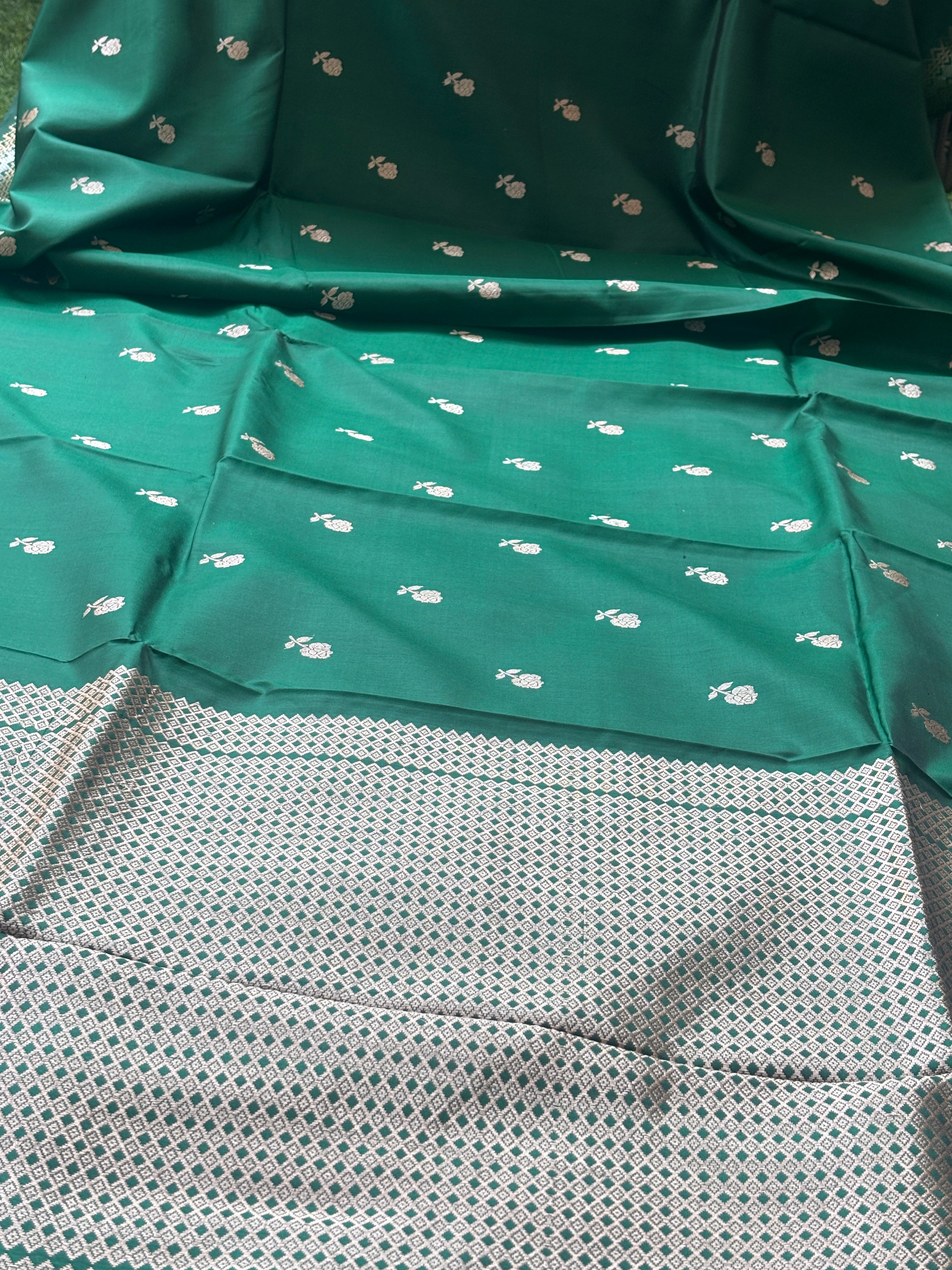 Bottle Green Pure Banarasi Saree with Silver Zari Embroidery, Butta & Border | Chandrika Lifestyles