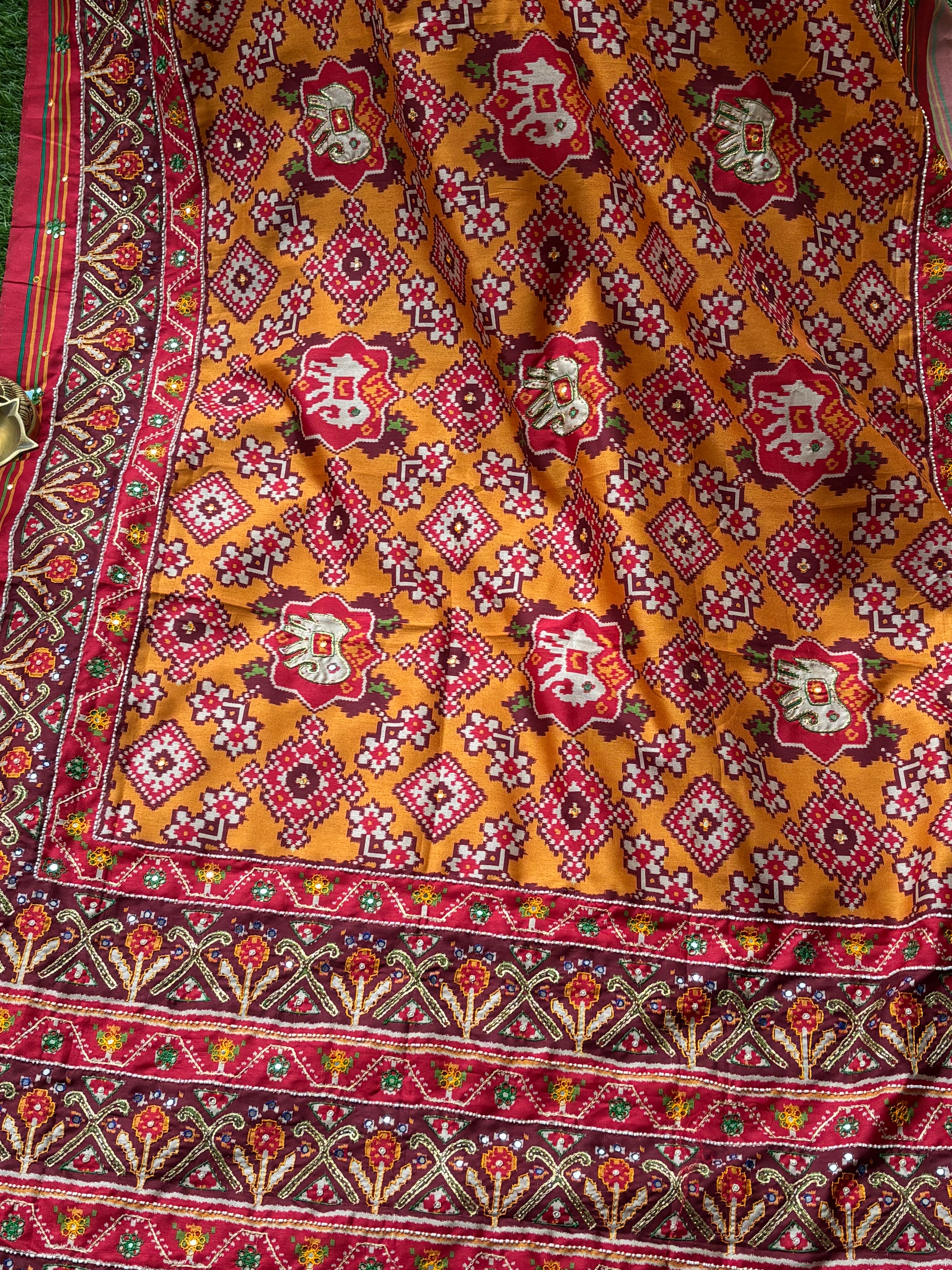 Yellow Tussar Silk Patola Saree with Aari Work & Red Border | Chandrika Lifestyles