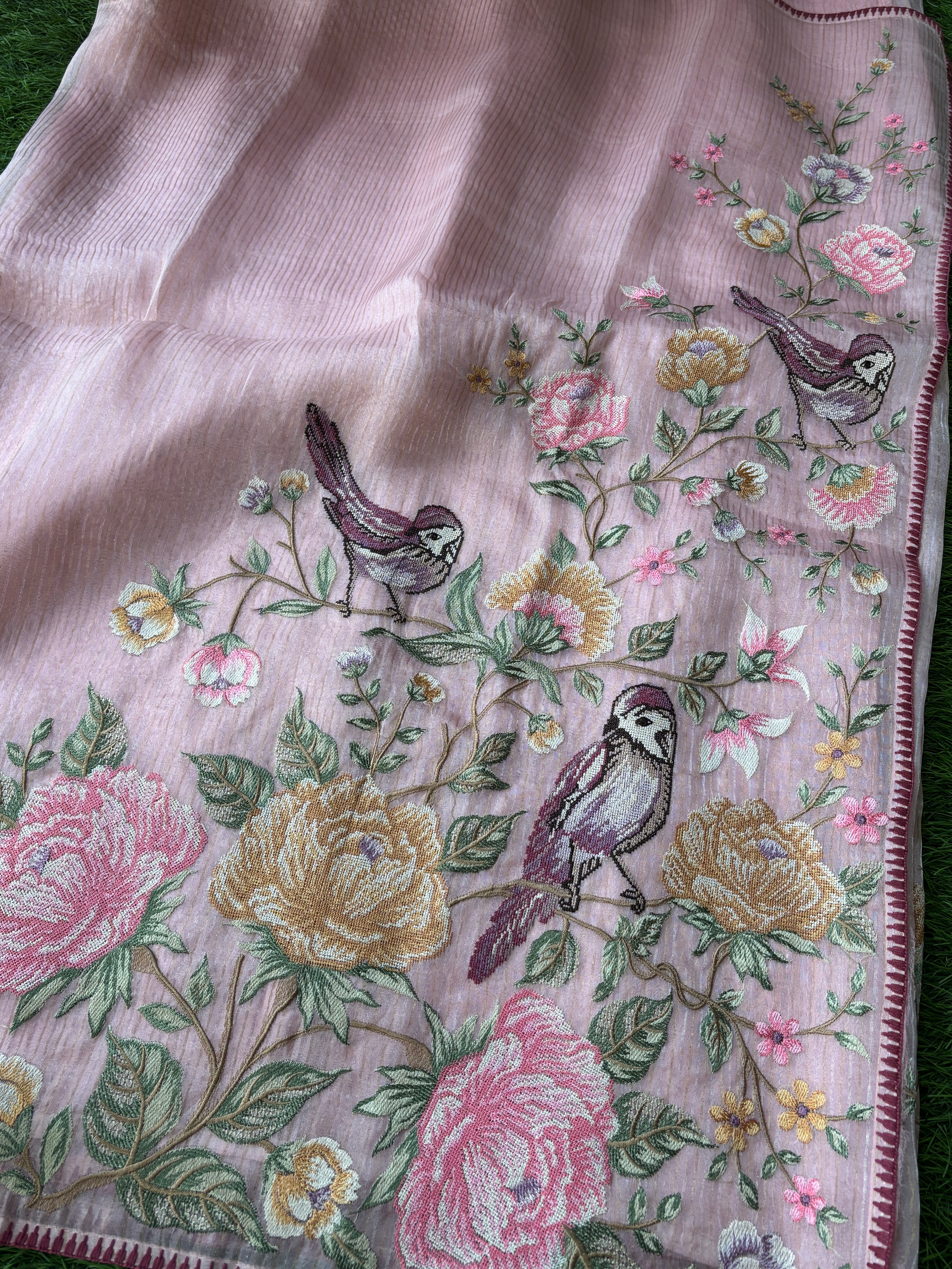 Baby Pink Pure Organza Saree with Floral & Bird Embroidery