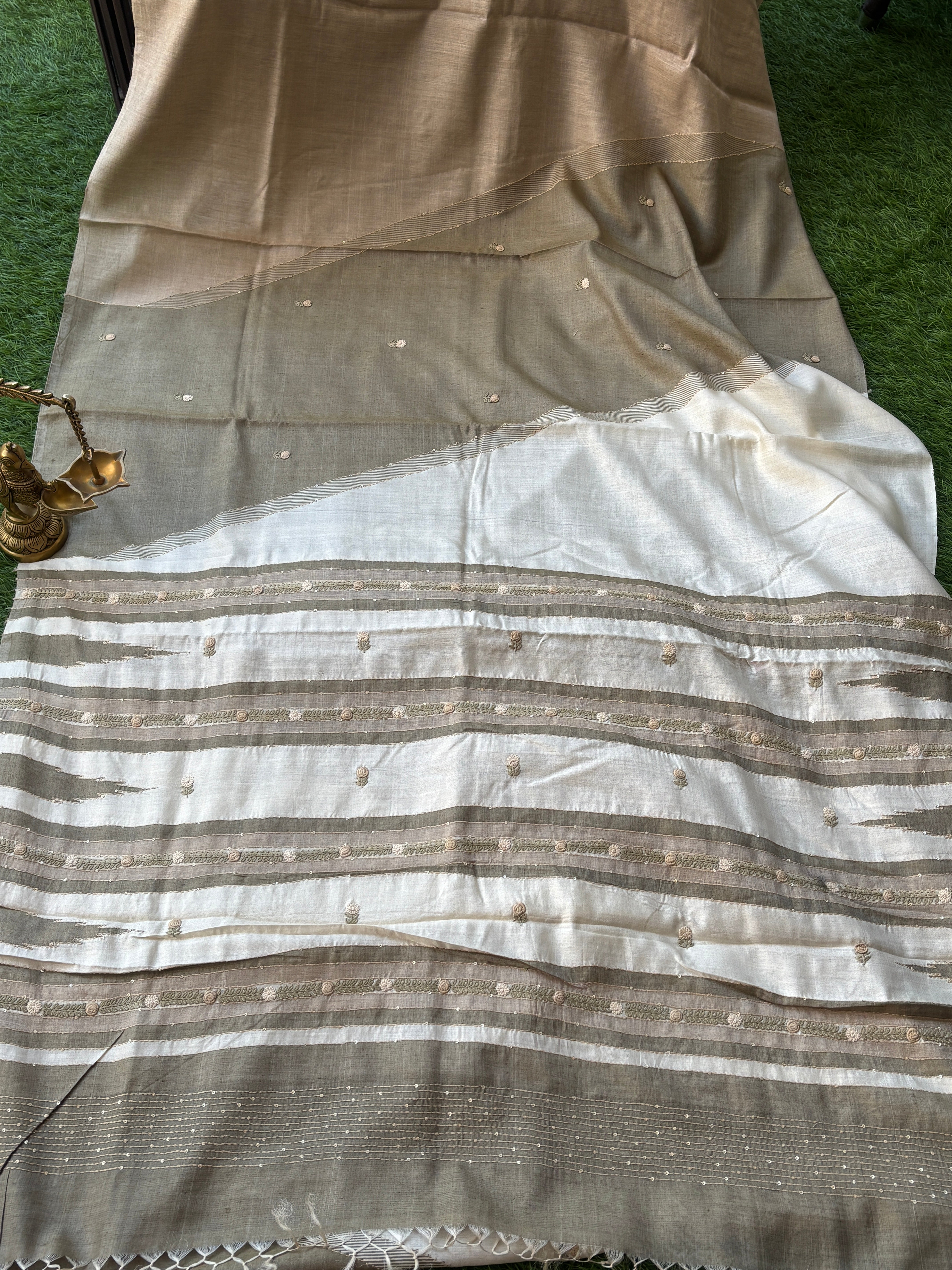 Beige & Brown Pure Tussar Silk Saree with Designer Hand Embroidery (Ghanta Taka) | Chandrika Lifestyles
