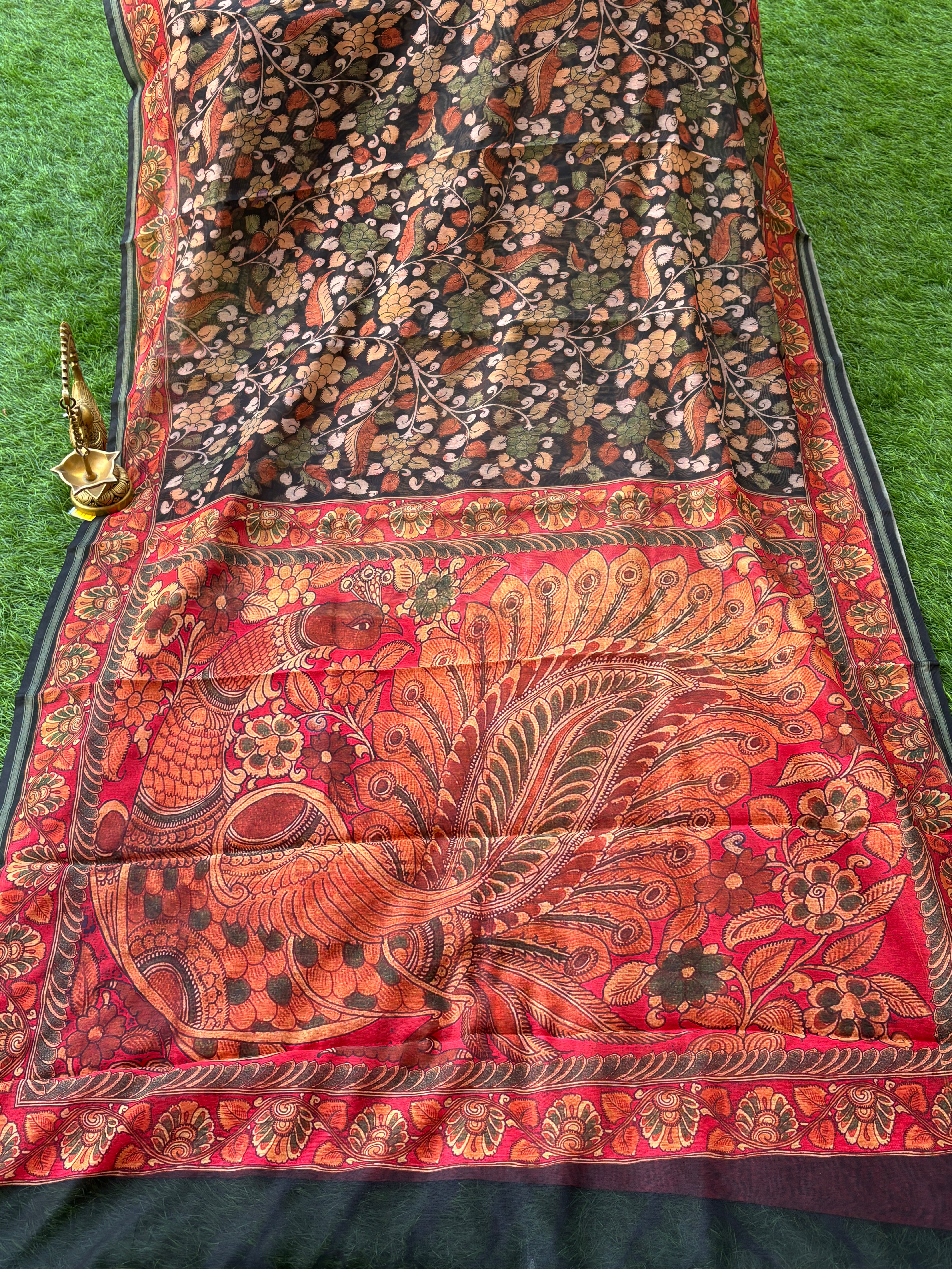 Black Mercerized Cotton Saree with Allover Digital Print | Chandrika Lifestyles
