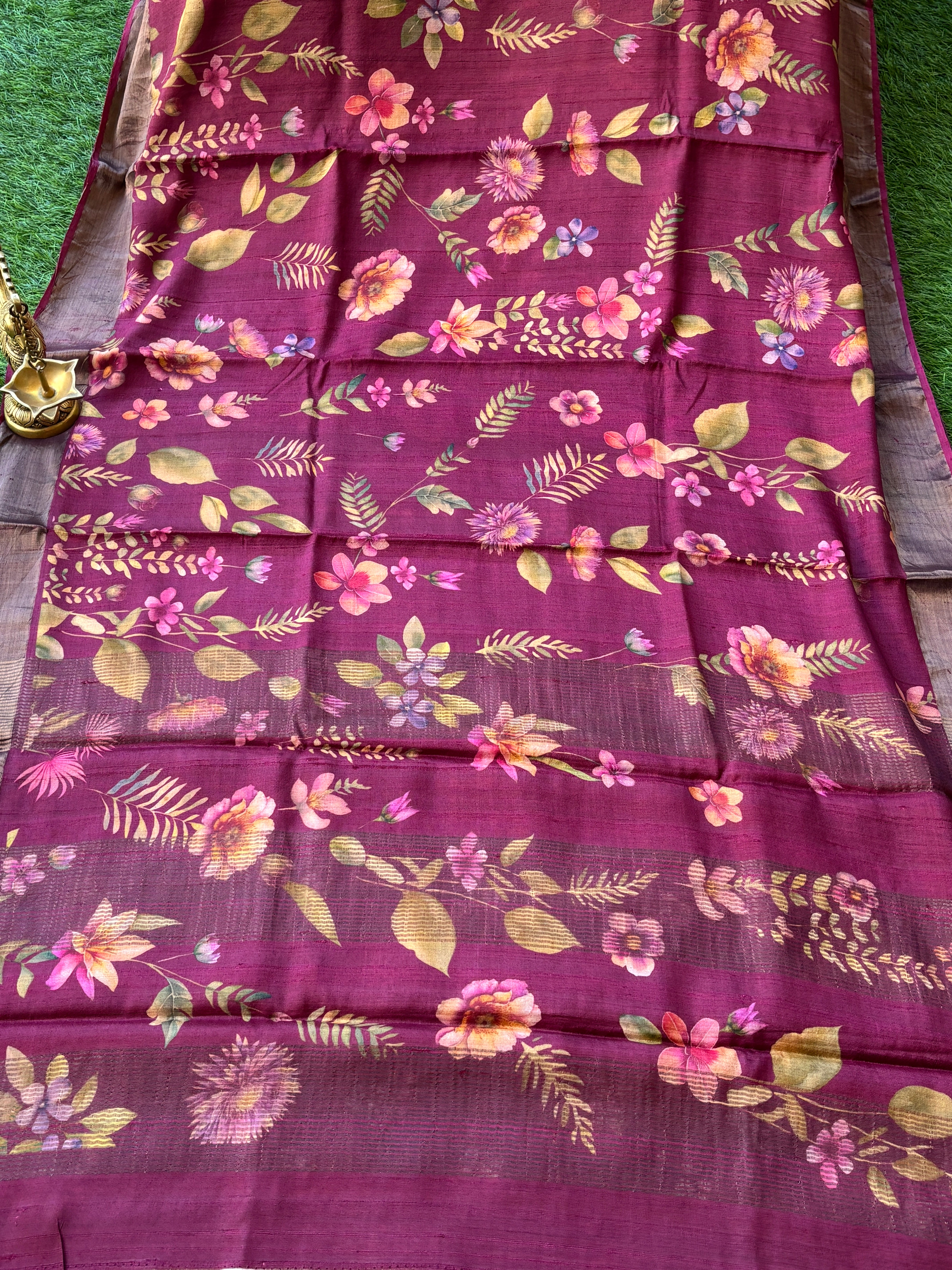 Magenta Pure Tussar Silk Saree with Allover Digital Print | Chandrika Lifestyles
