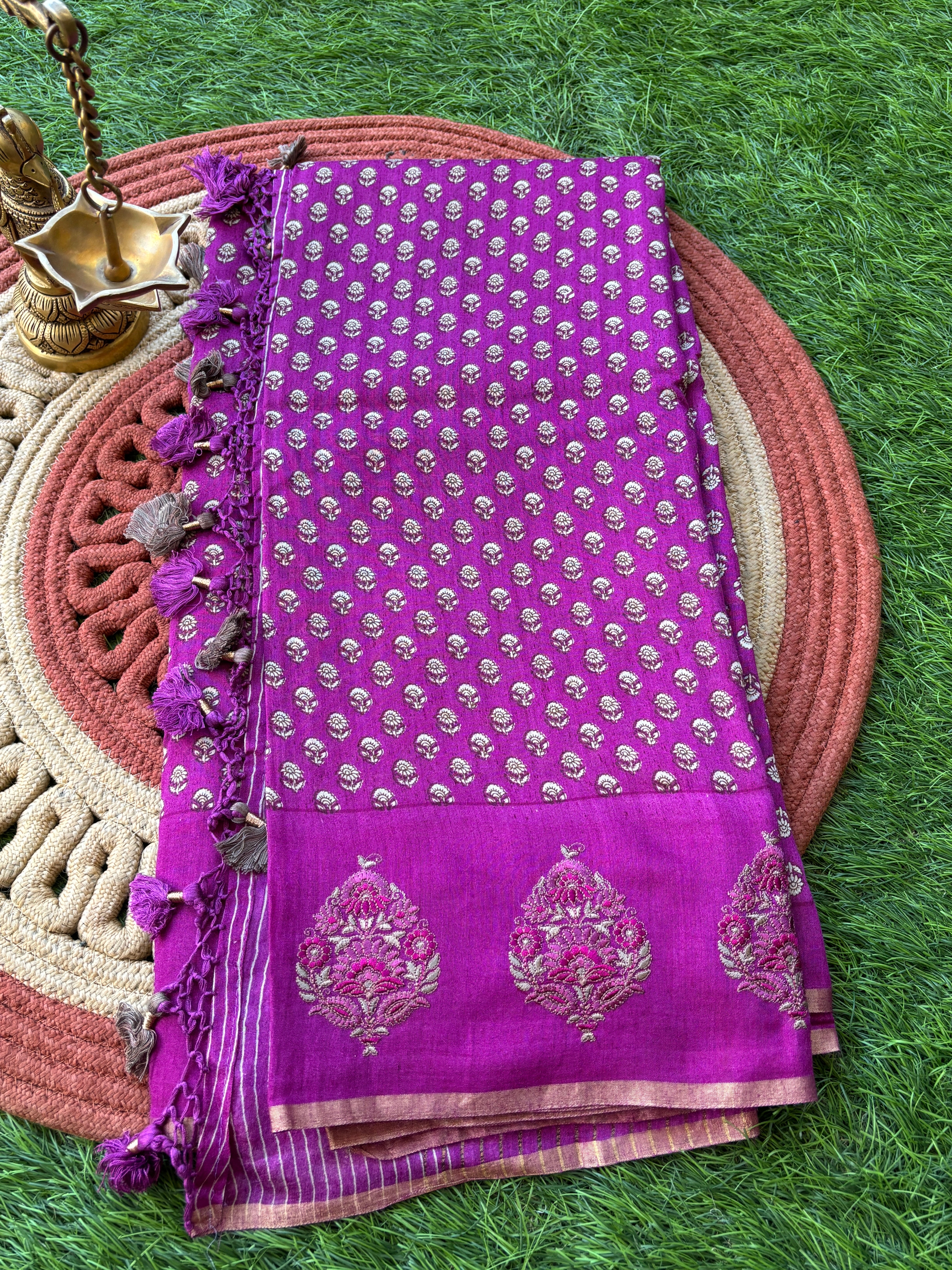Purple Pure Tussar Silk Saree with Embroidered & Cutwork Butta Pallu | Chandrika Lifestyles