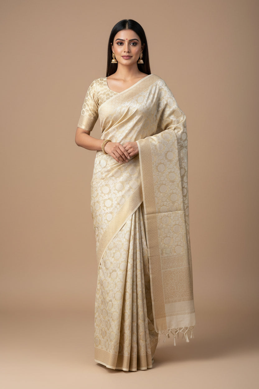 Beige Pure Banarasi Cotton Saree with Allover Jaal Silver Zari Work | Chandrika Lifestyles