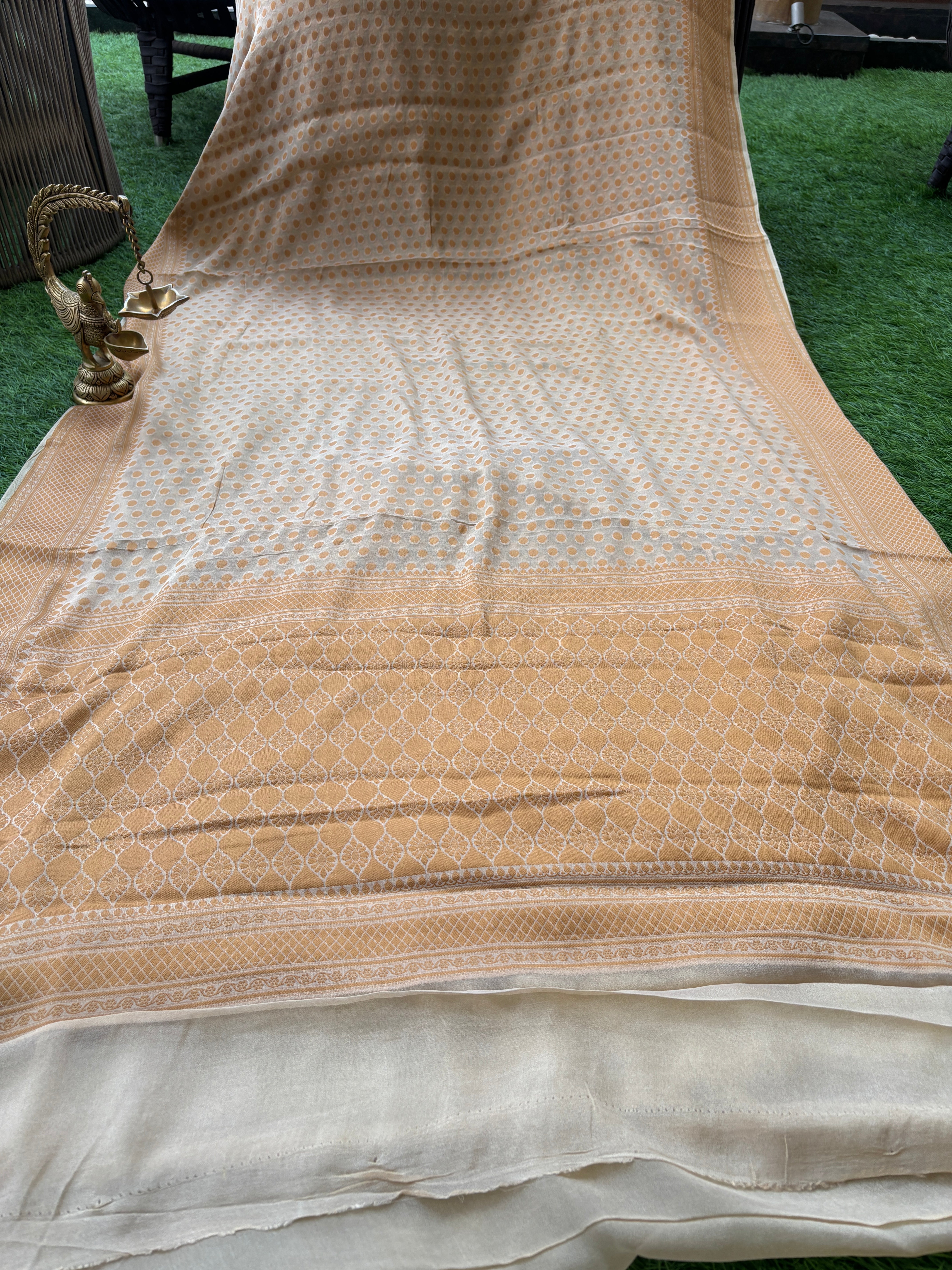Beige Banarasi Khaddi Chiffon Saree with Allover Resham Weaving | Chandrika Lifestyles