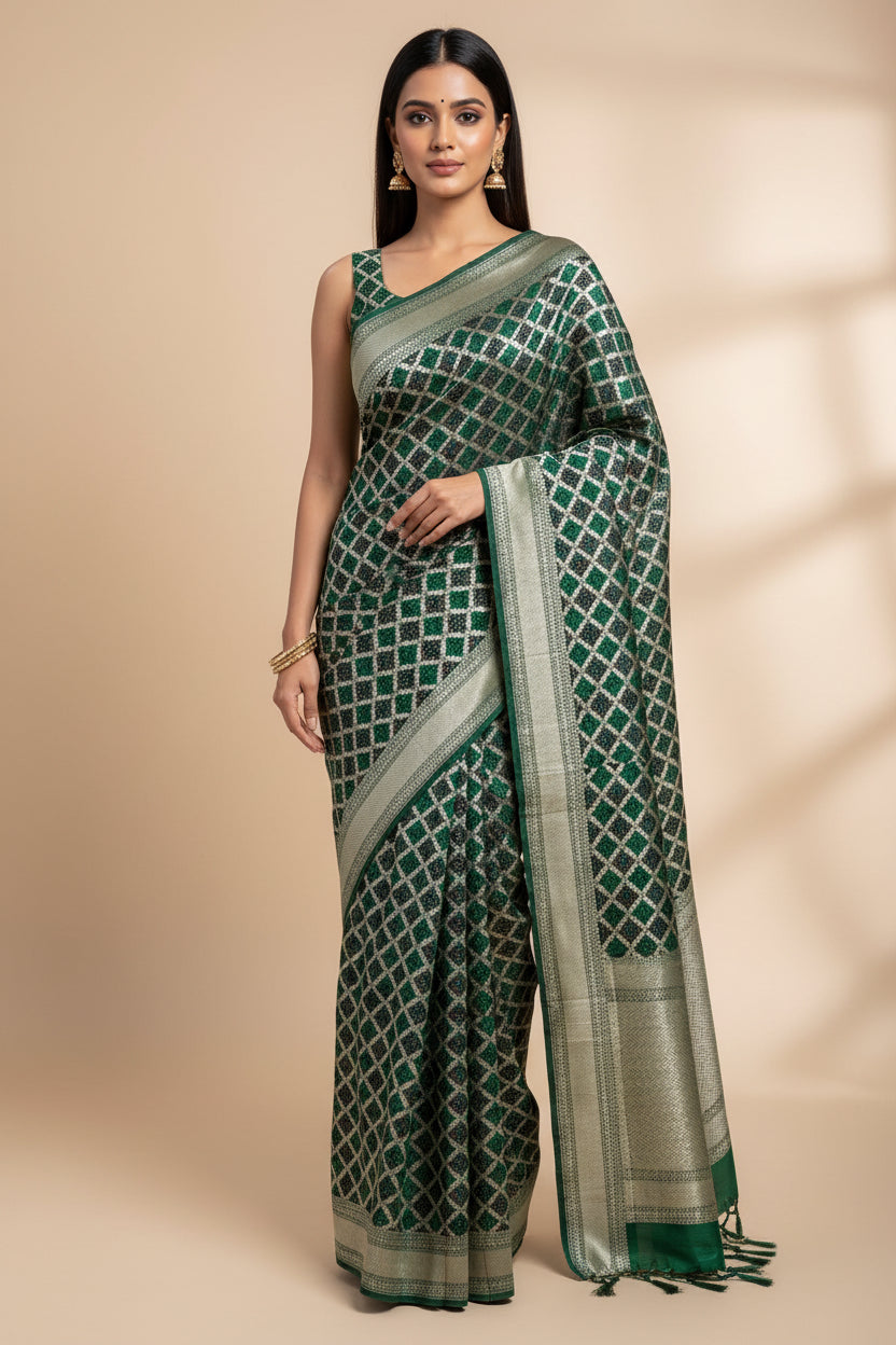 Model wearing green khaddi georgette Banarasi saree with batik weave and intricate jaal design from Chandrika Lifestyles
