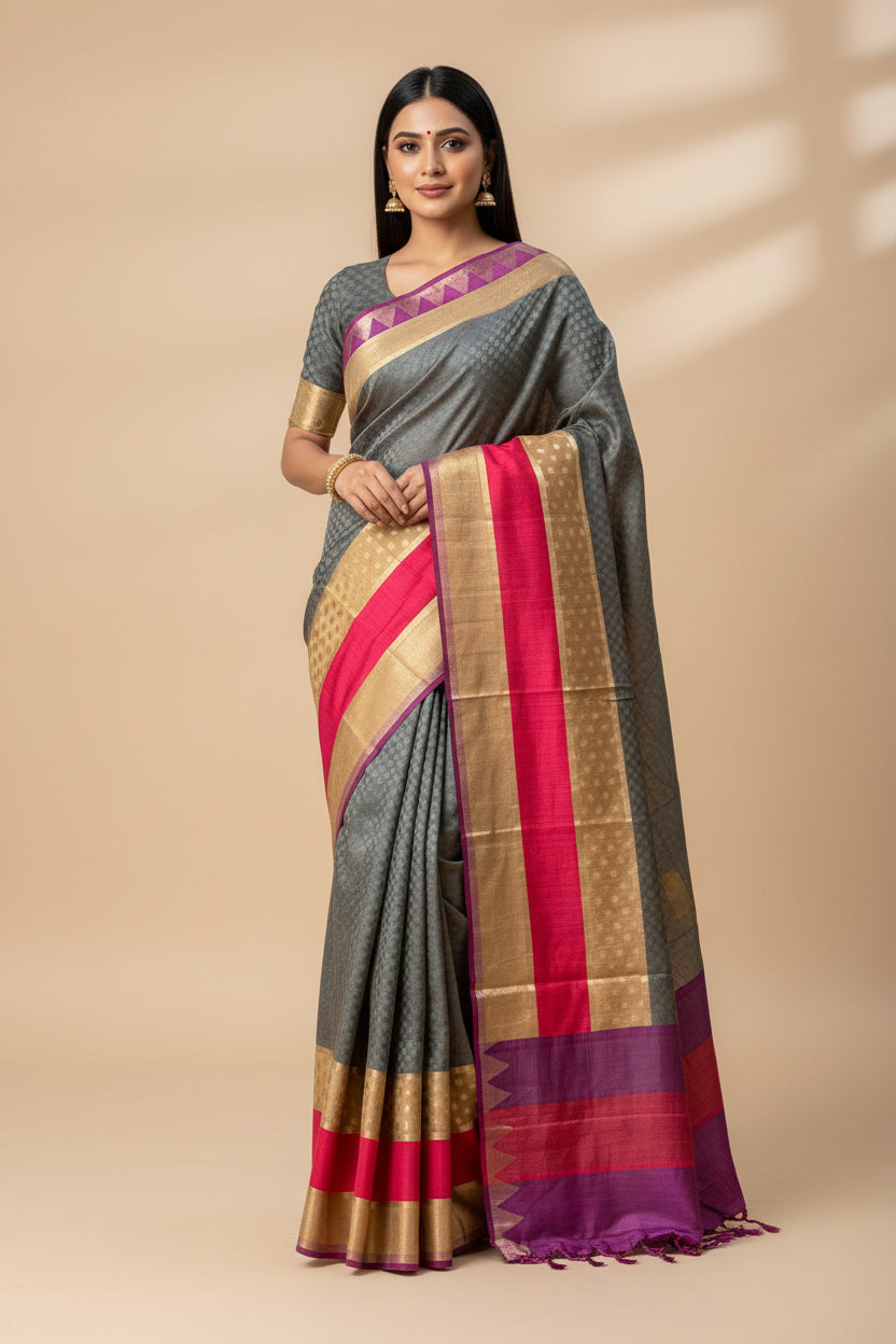 Pure Munga Silk Saree in Grey, Red & Purple with All-Over Weaving and Zari Woven Pallu