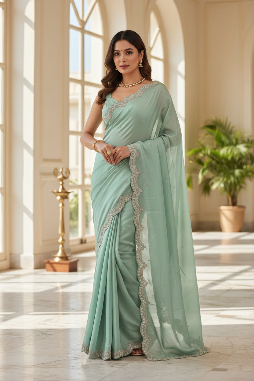 Luxury Mint Pure Tissue Crepe Silk Saree with Zardozi Buttas & Designer Scallop Border