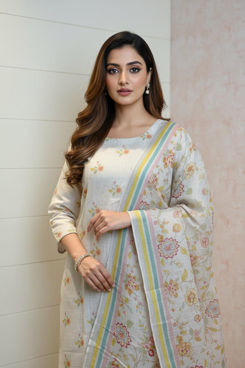 Chandrika Lifestyles |  faint Peach Linen Suit – Digital Print