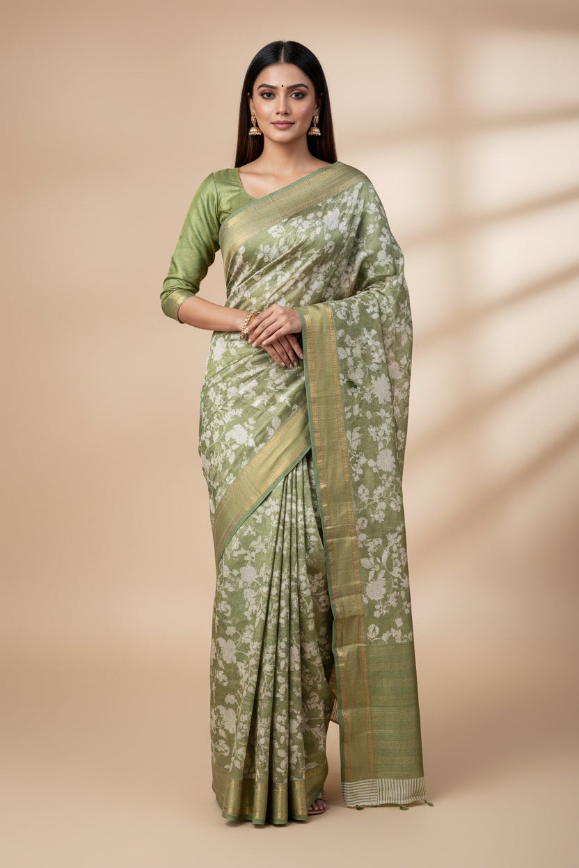Olive Green Art Silk Saree with Allover Digital Print | Chandrika Lifestyles