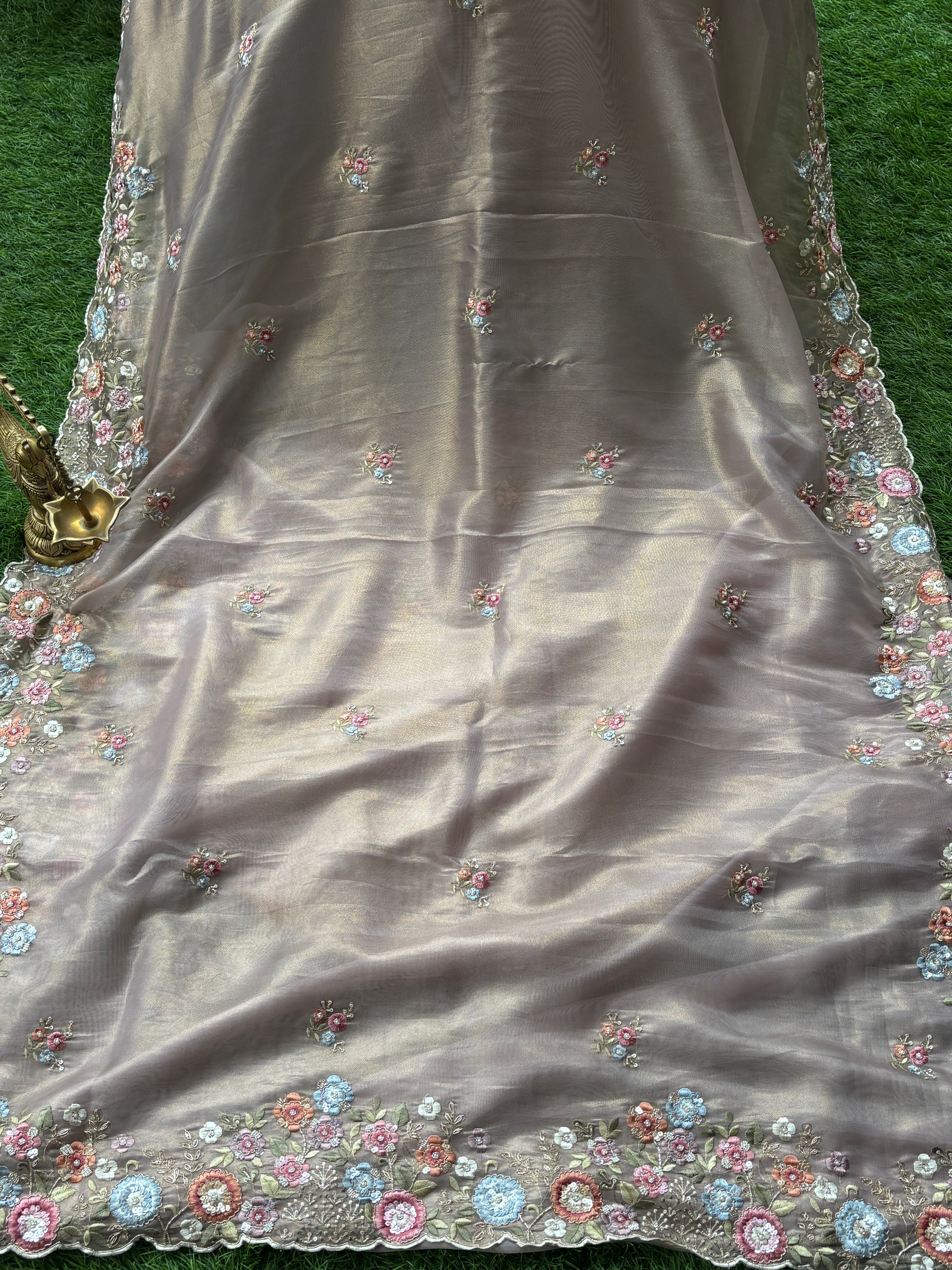 Elegant Onion Pink Tissue Net Designer Saree with Multicolor Floral Embroidery Border