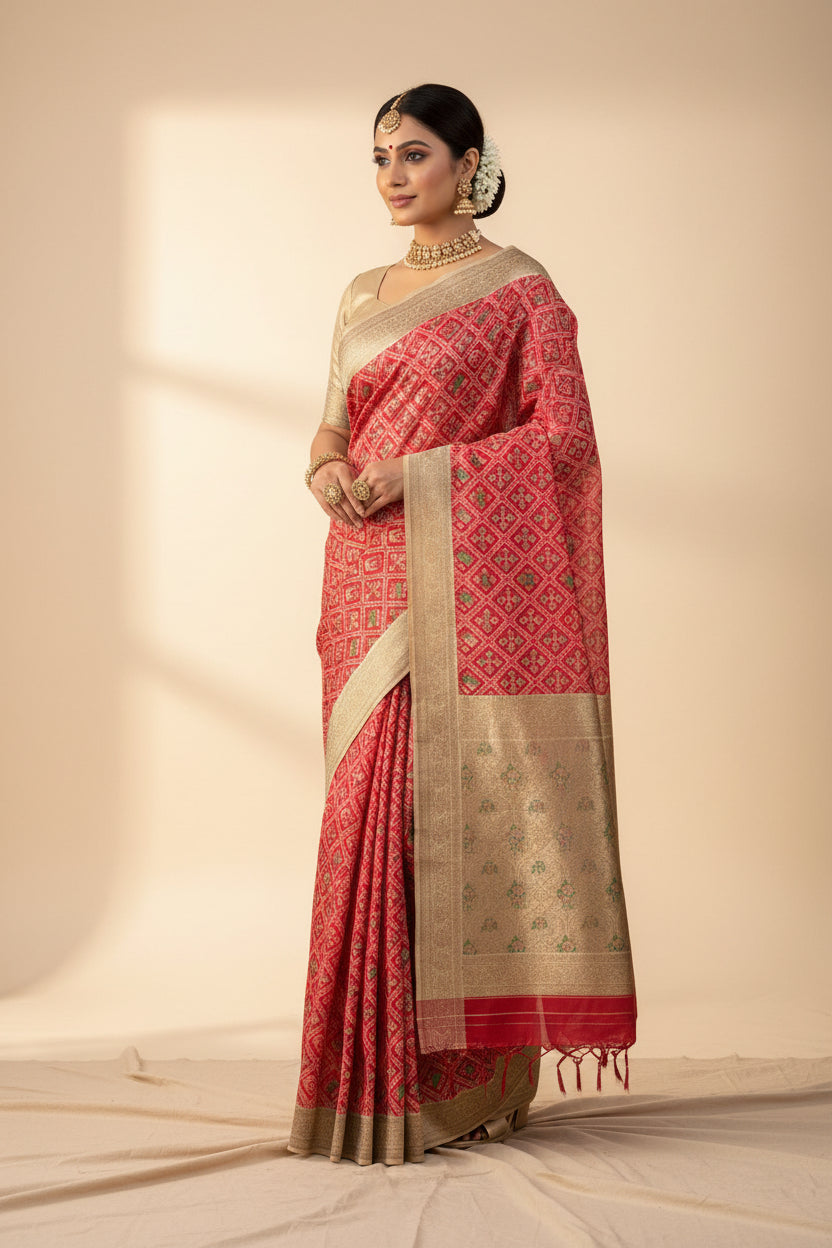 Red Banarasi Mercerised Cotton Saree | Digital Print Saree | Chandrika Lifestyles