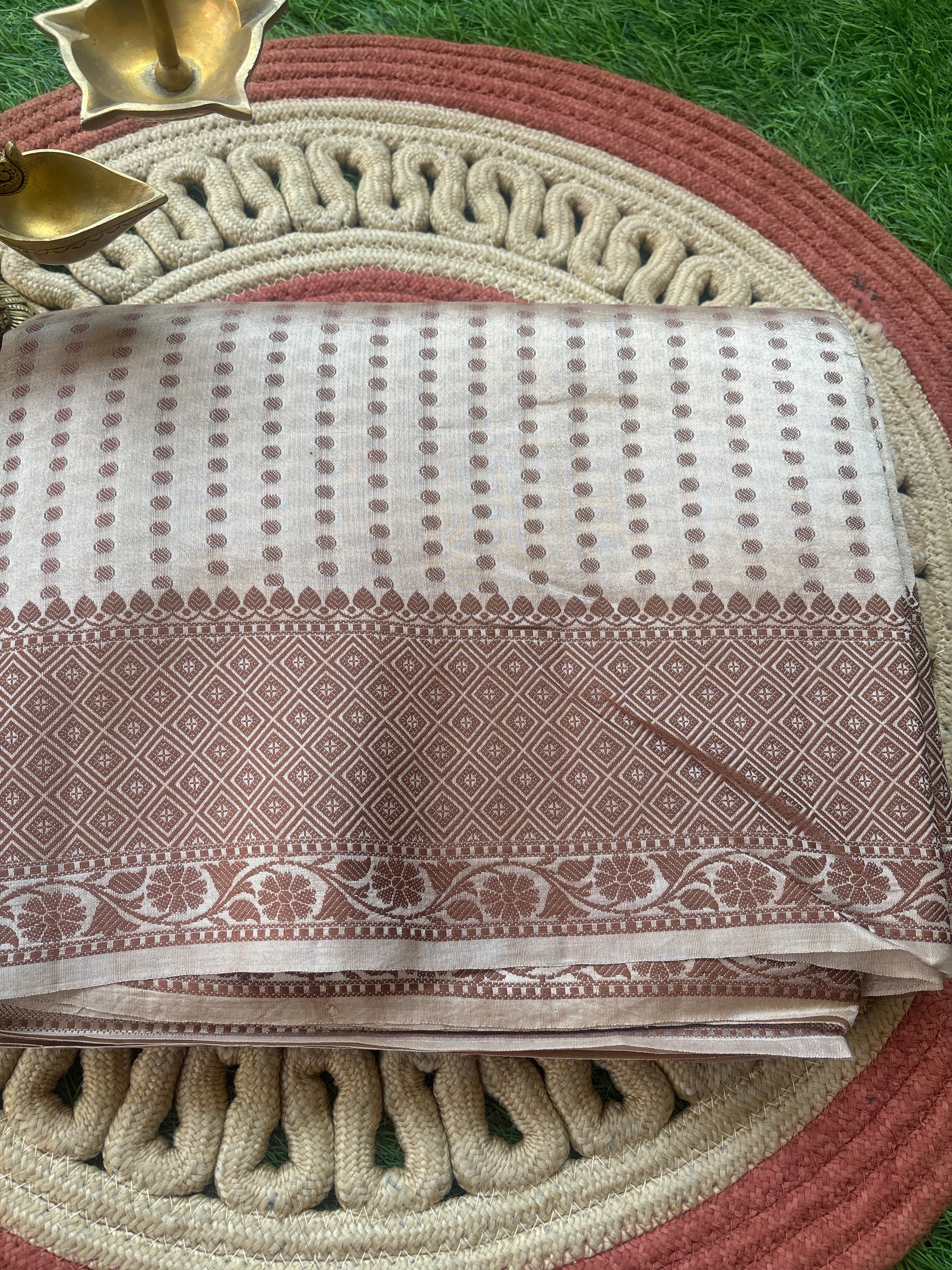 Beige Dupion Silk Banarasi Saree with Round Motifs & Resham Weaving Border | Chandrika Lifestyles