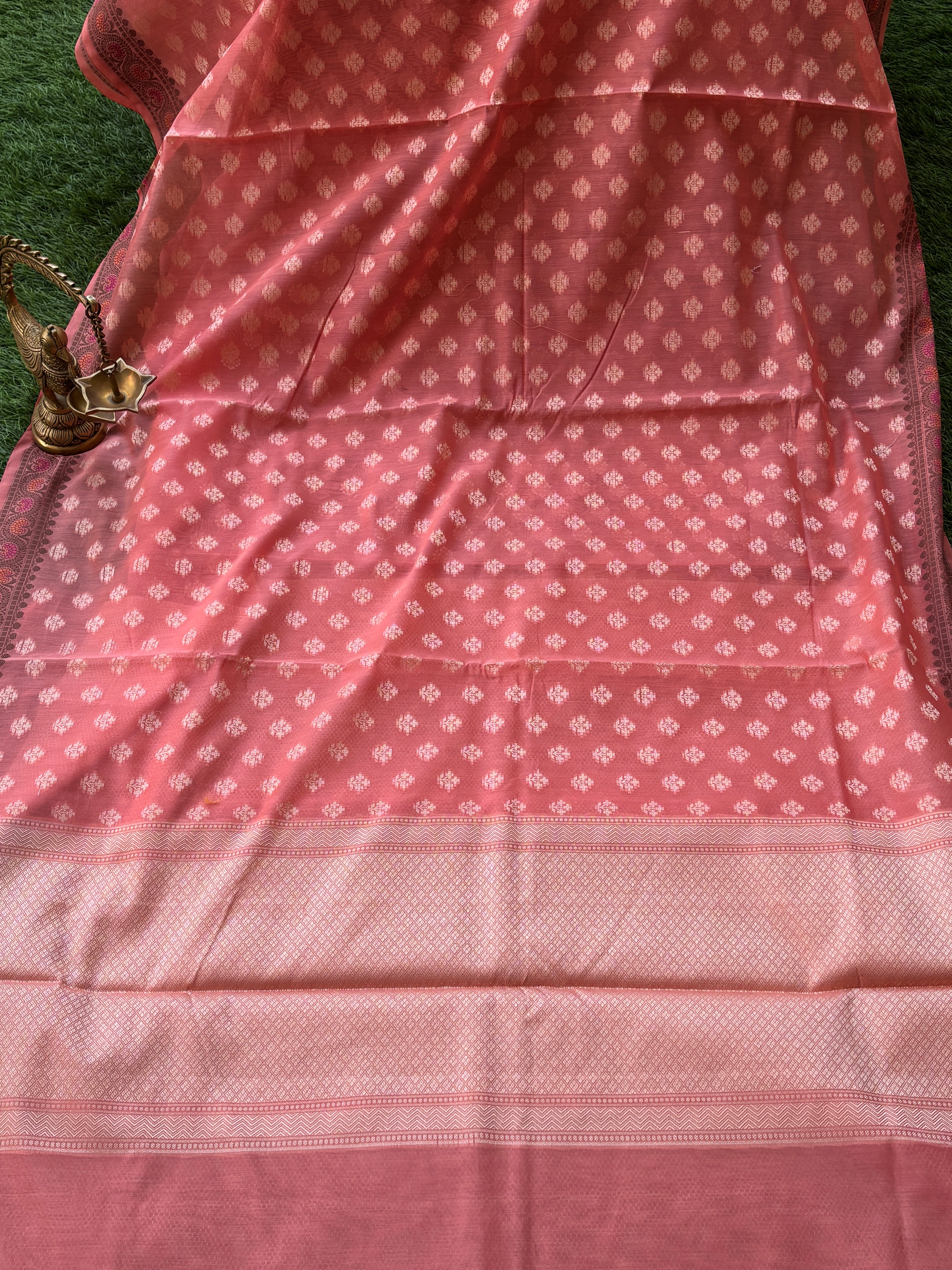 Peach Pink Banarasi Mercerised Cotton Saree with All-Over Weaving