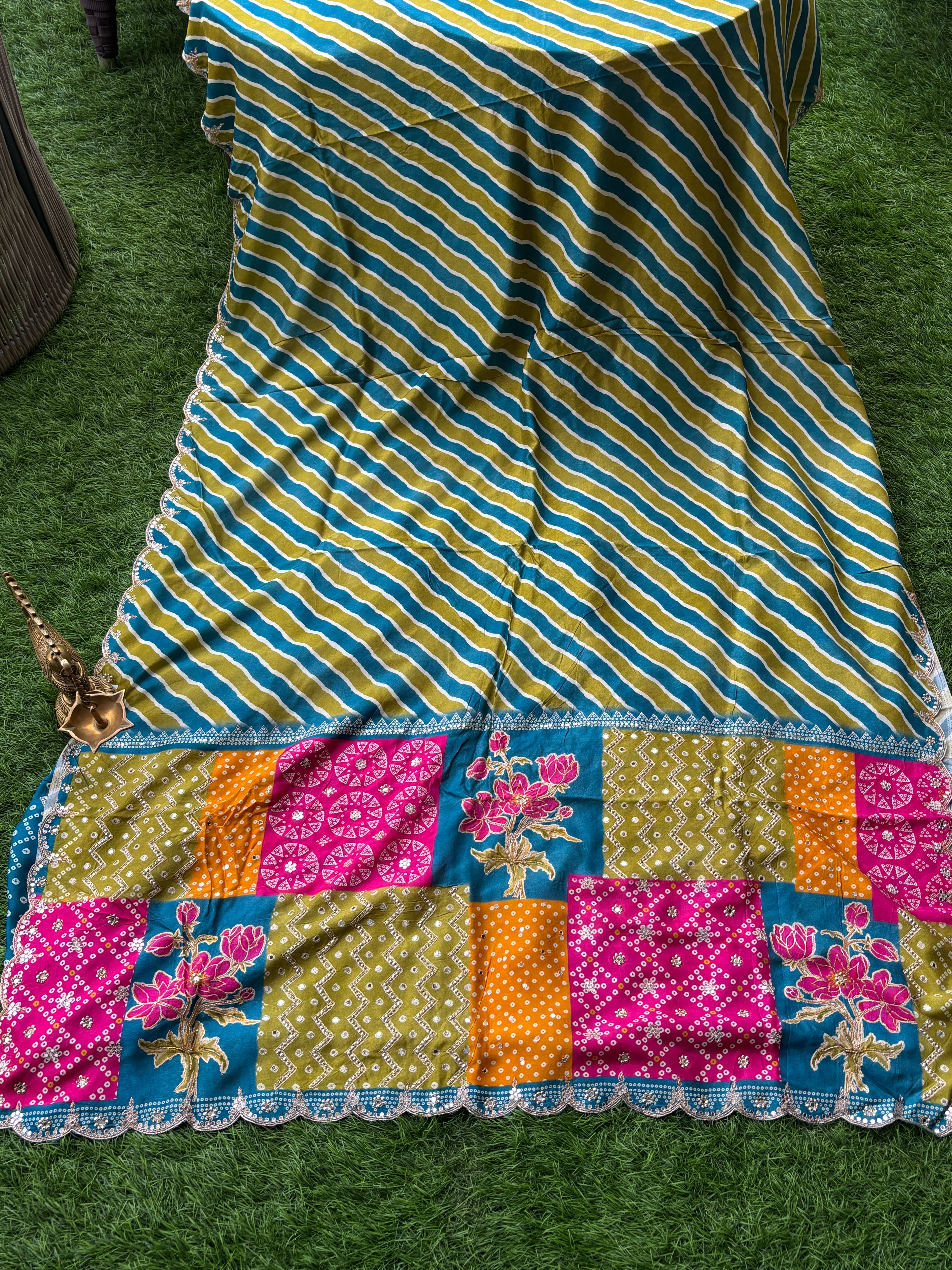 Multicolor Pure Crape Silk Leheriya Saree with Mirror Work | Chandrika Lifestyles