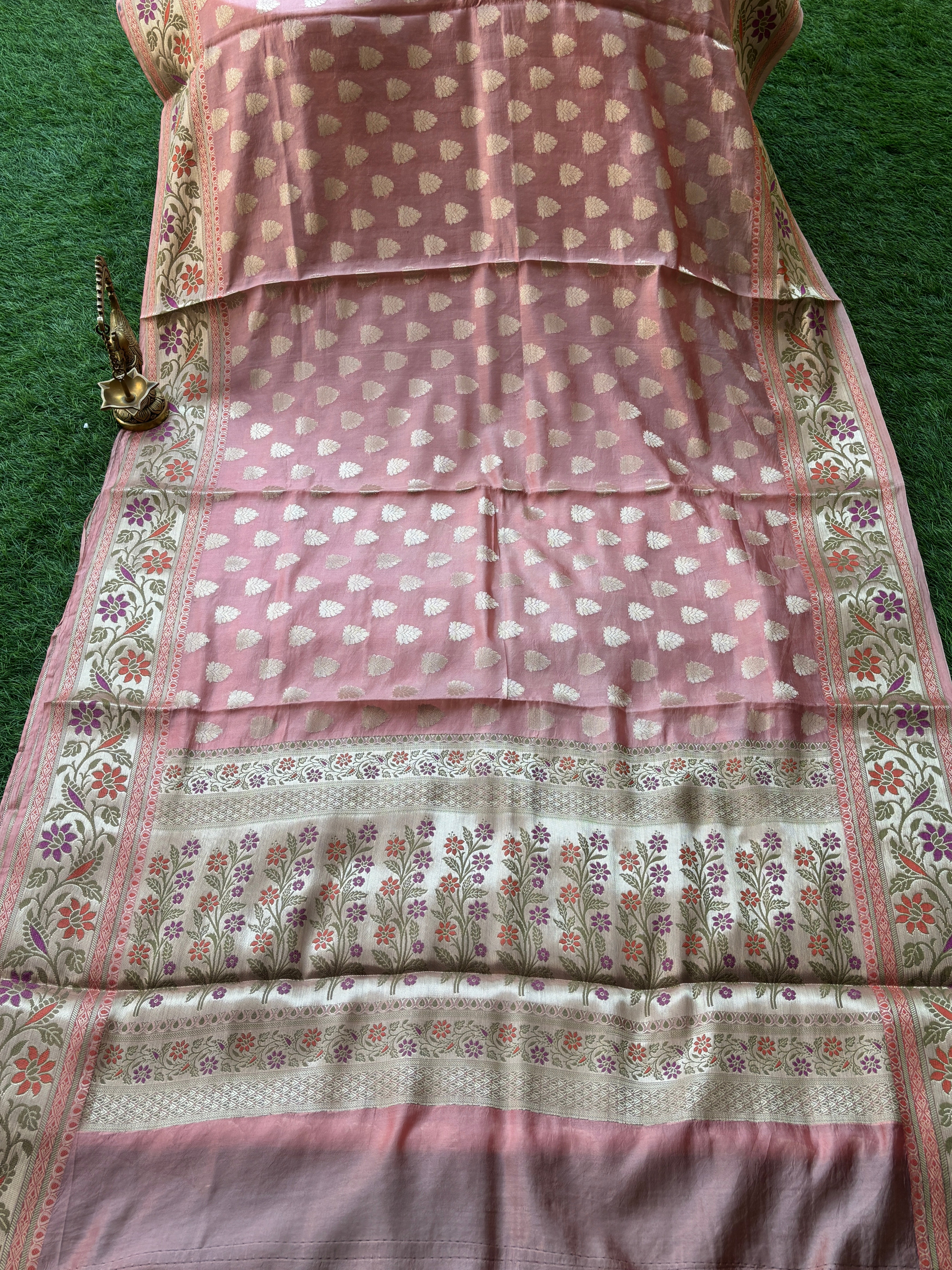 Peach Pink Banarasi Cotton Saree with Floral Meenakari Work & Border | Chandrika Lifestyles