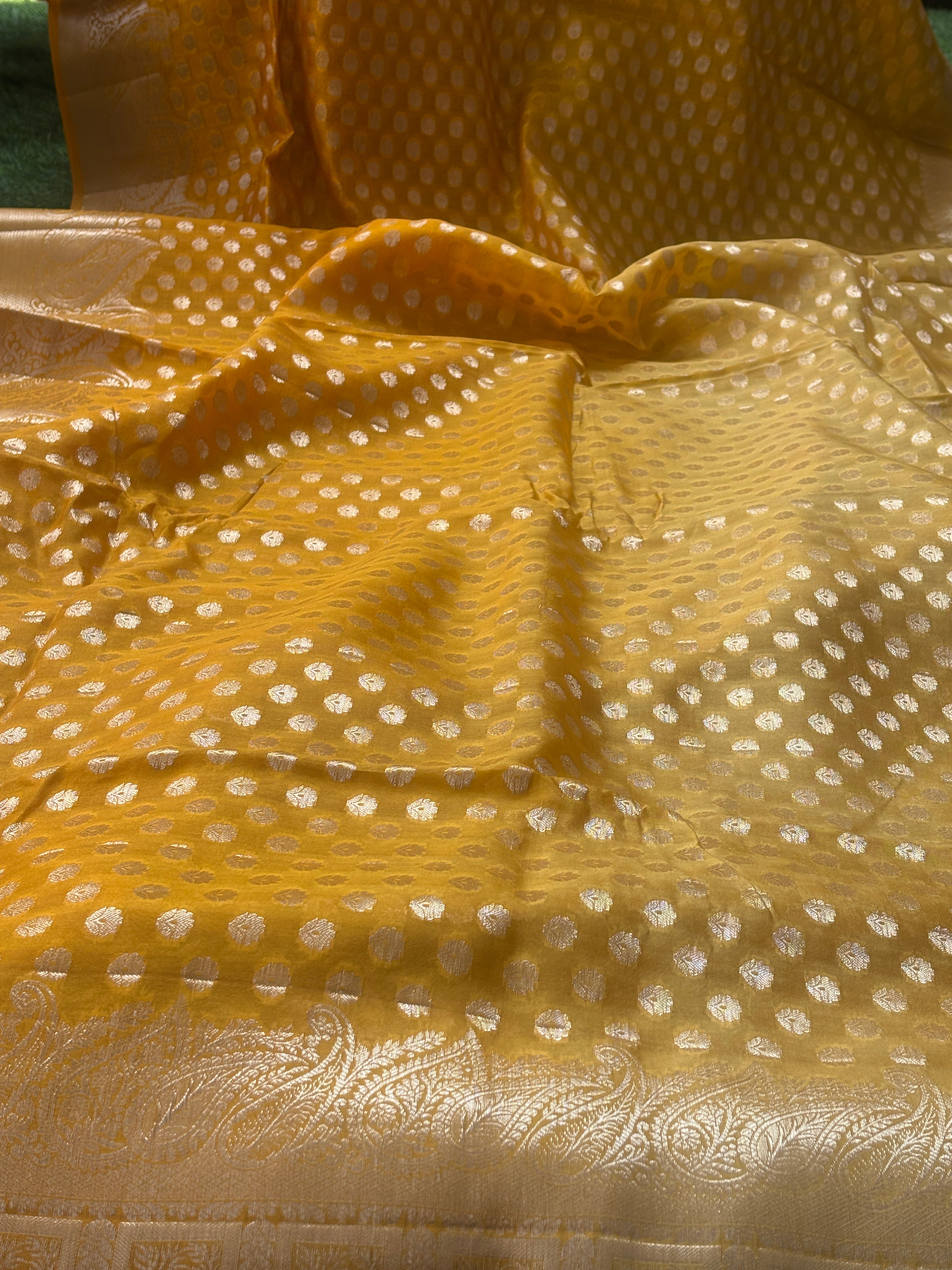Mango Yellow Pure Dupion Silk Saree with Allover Zari Butta & Zari Border | Chandrika Lifestyles