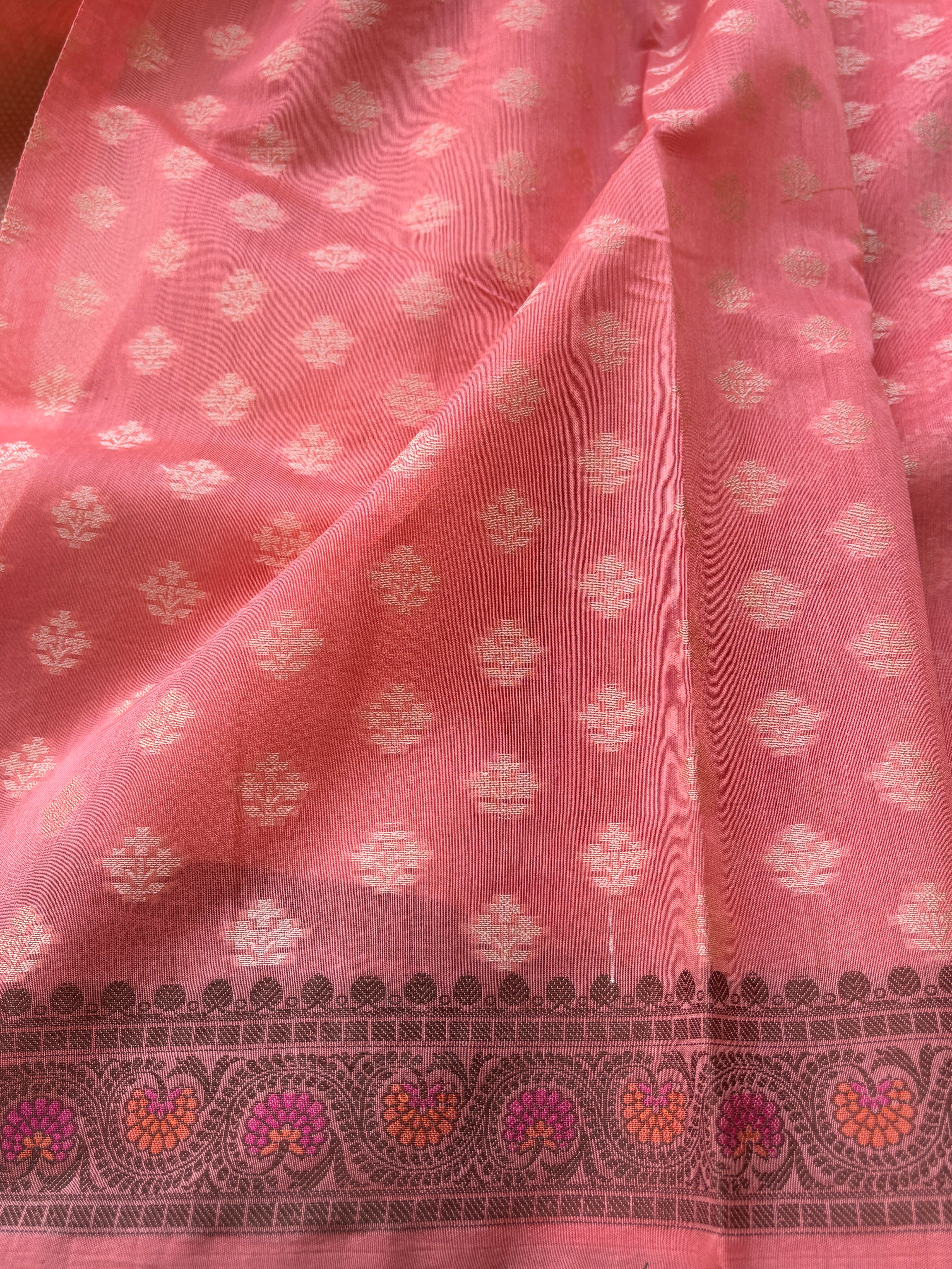 Peach Pink Banarasi Mercerised Cotton Saree with All-Over Weaving