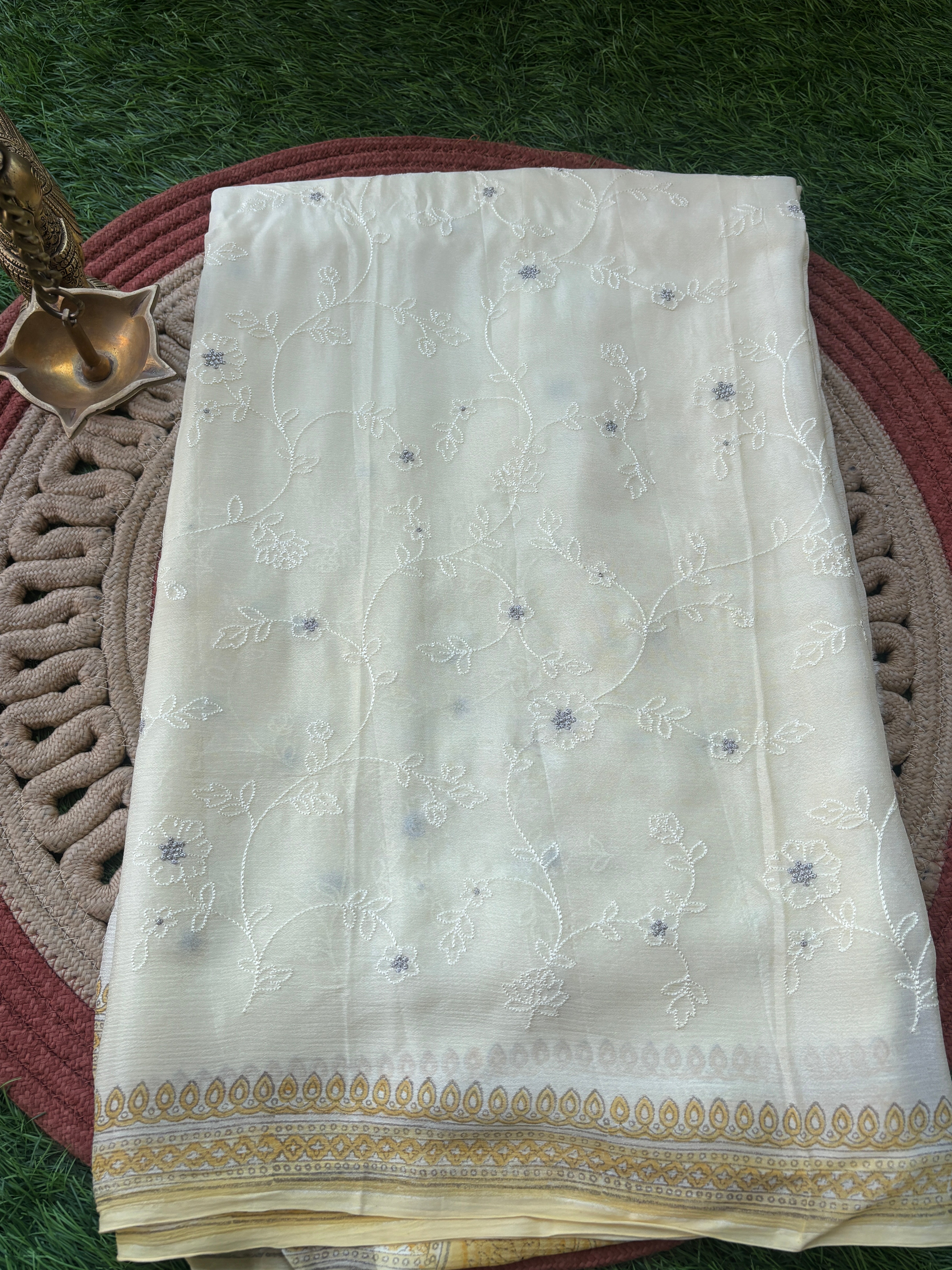 Lemon Yellow Chilia Silk Saree with Allover Silver Butta | Chandrika Lifestyles