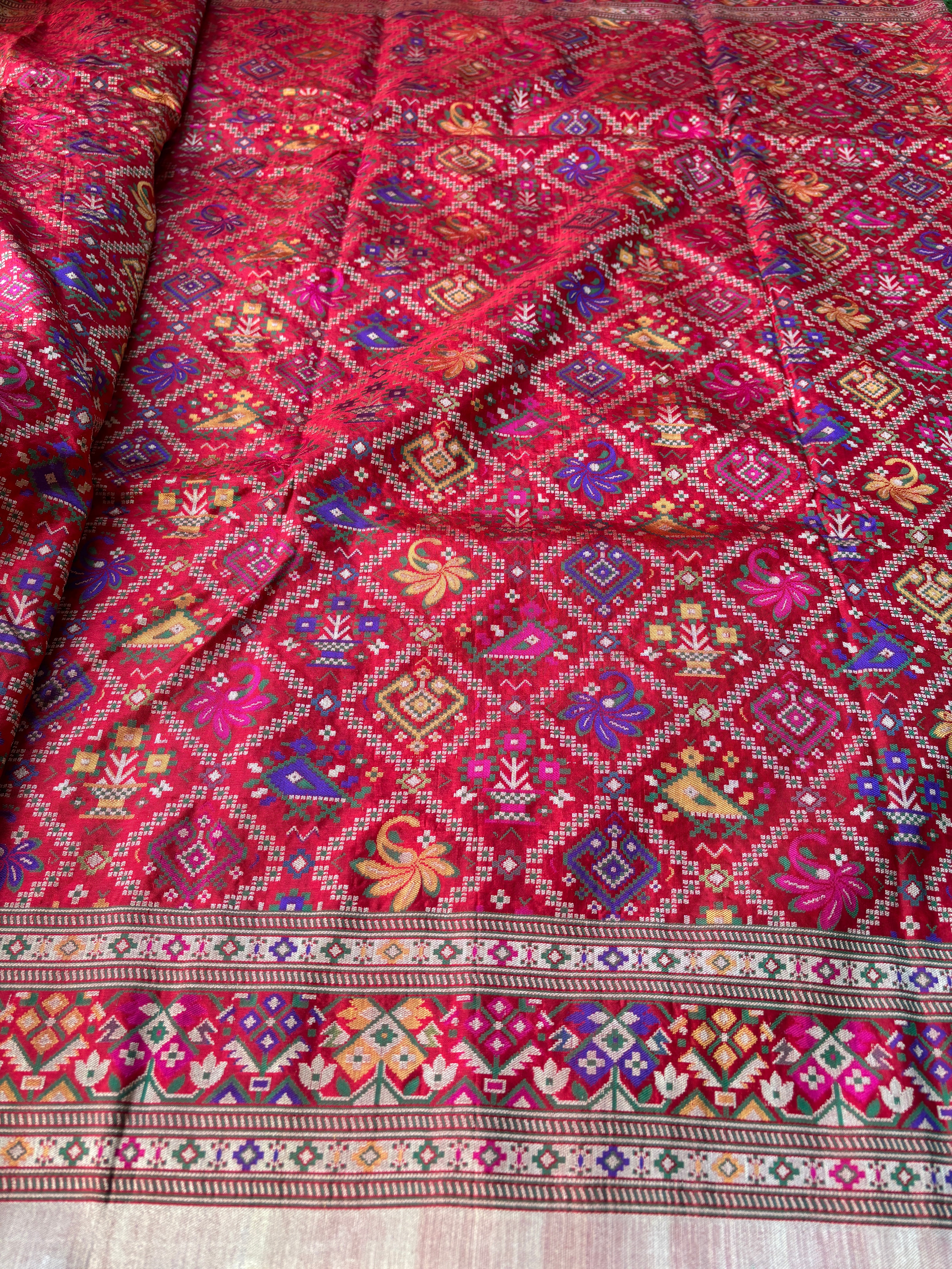 Red Banarasi Patola Silk Saree with Multicolour Weaving | Chandrika Lifestyles