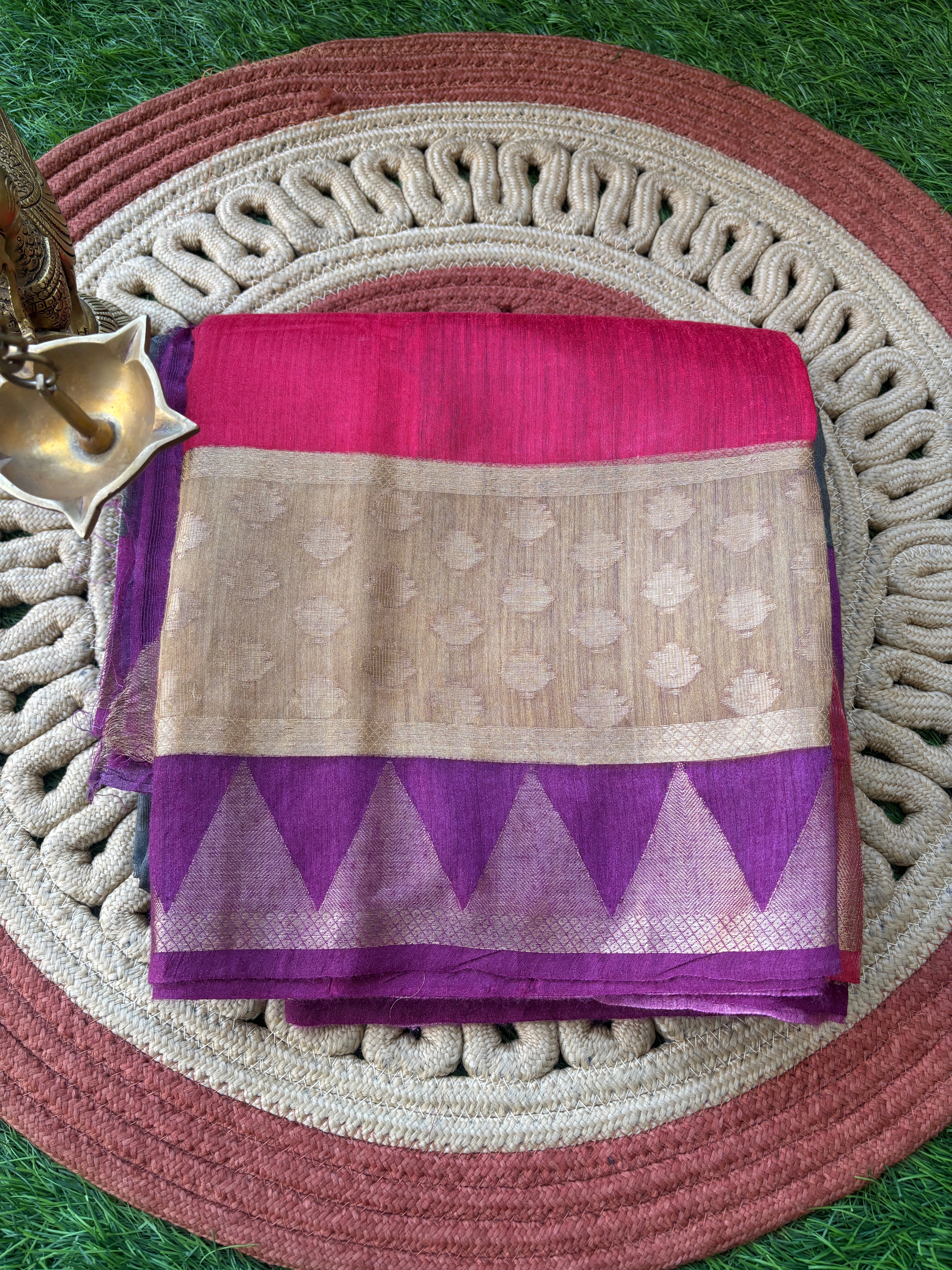 Pure Munga Silk Saree in Grey, Red & Purple with All-Over Weaving and Zari Woven Pallu