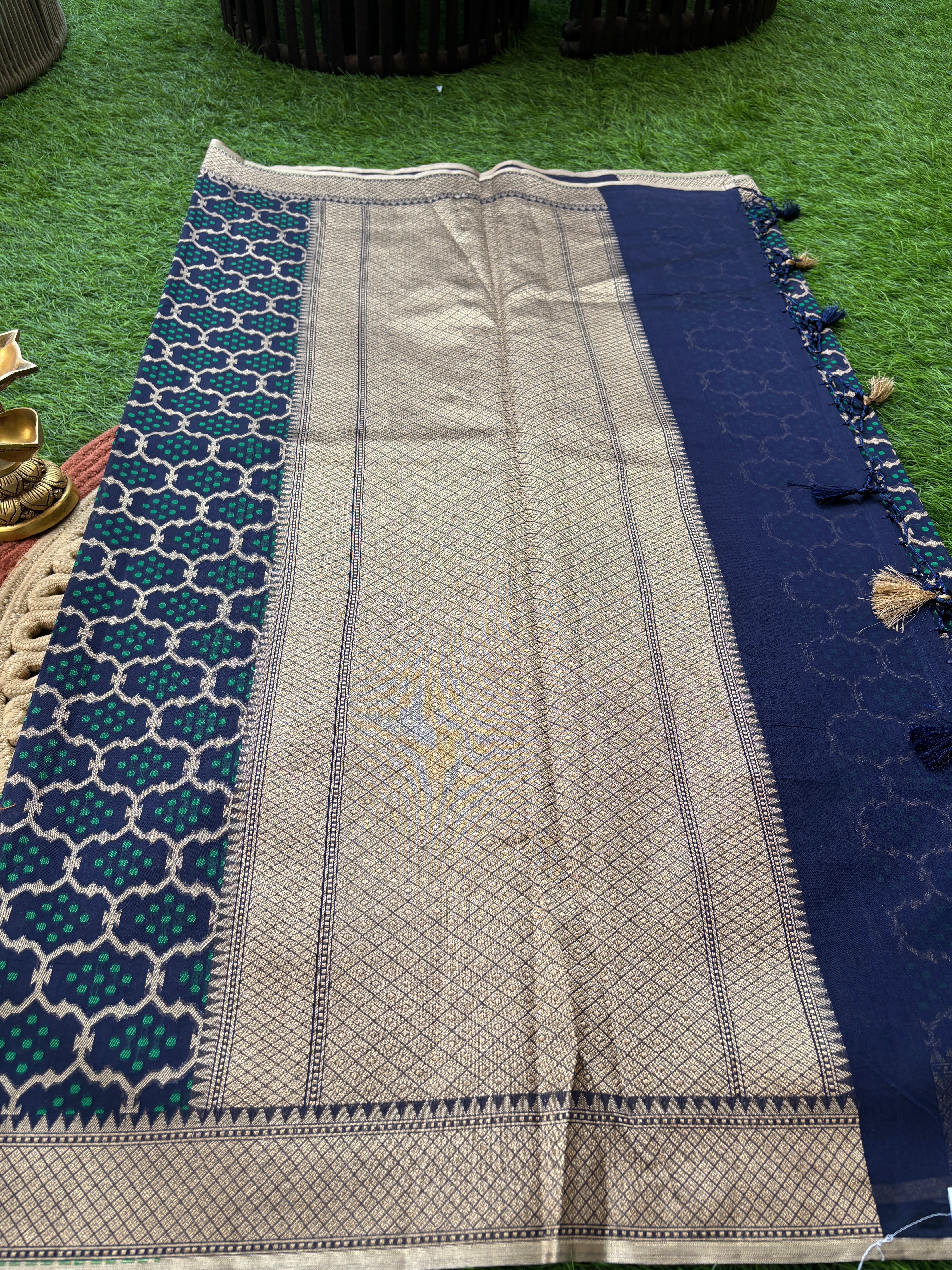 Navy Blue Banarasi Mercerized Cotton Saree with Allover Jaal | Chandrika Lifestyles
